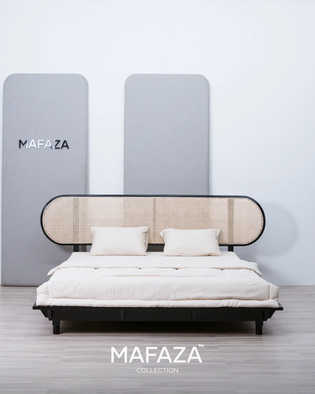 Anaise Cane Bed Frame King Teak Combined with Rattan Charcoal Black Finish