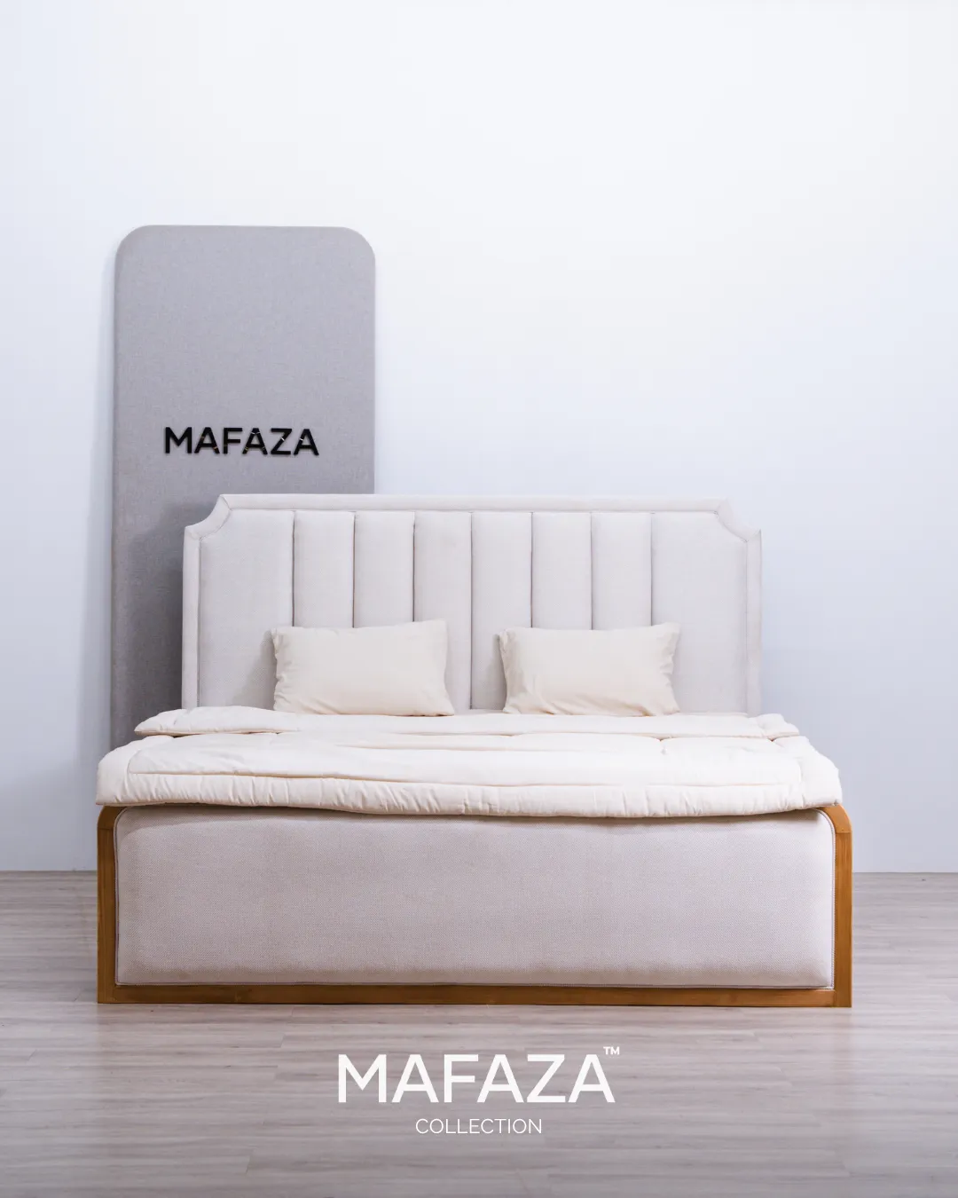 Florence Super King Scandinavian teak wood bed frame with aged bleached finish and soft upholstered headboard