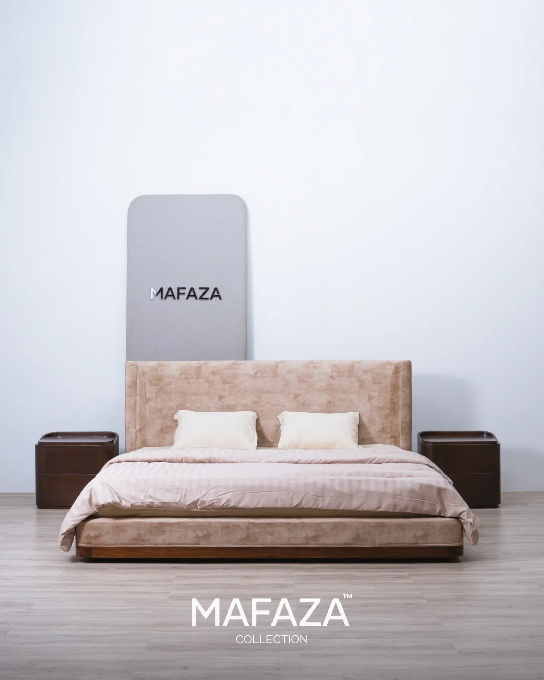 Contemporary Loso Bed Frame for 200x200 mattress featuring a walnut brown solid teak wood frame and a wide upholstered headboard in Byeol fabric with Royal Foam padding.