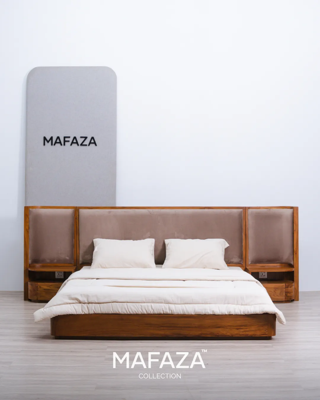 Modern Milano Bed Frame for 160x200 mattress featuring natural solid teak wood, a wide brunette upholstered headboard, and integrated nightstands with built-in USB and power outlets.