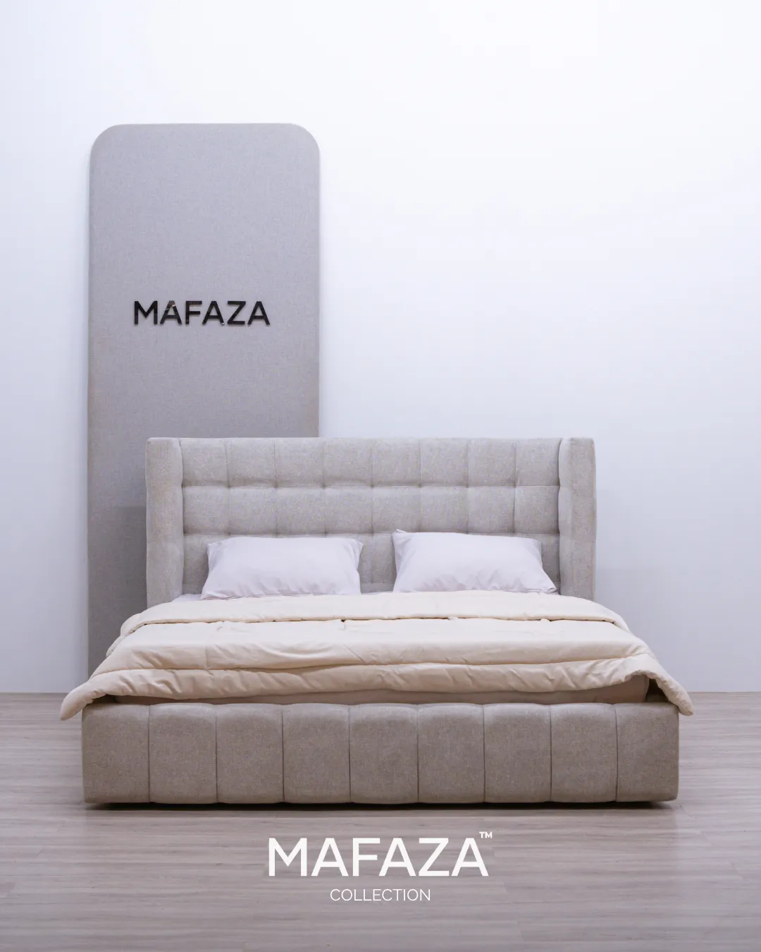 Modern Russell Storage Bed Frame for 160x200 mattress featuring a black charcoal solid teak wood frame, upholstered headboard in Agatha fabric, and a large integrated storage drawer with Hafele runners.