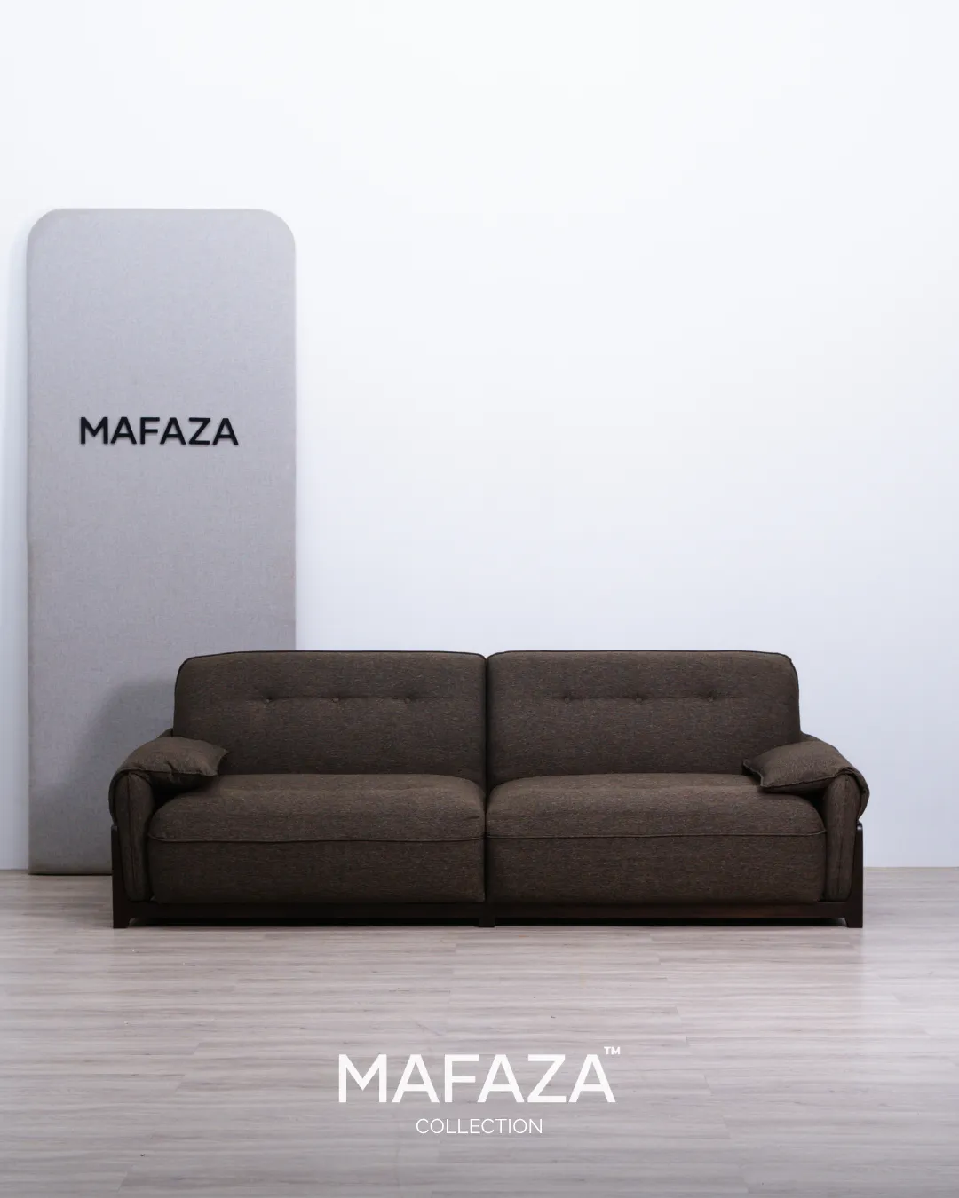 Syieki 3 seater teak wood sofa with dark ebony linen upholstery and light chestnut finish