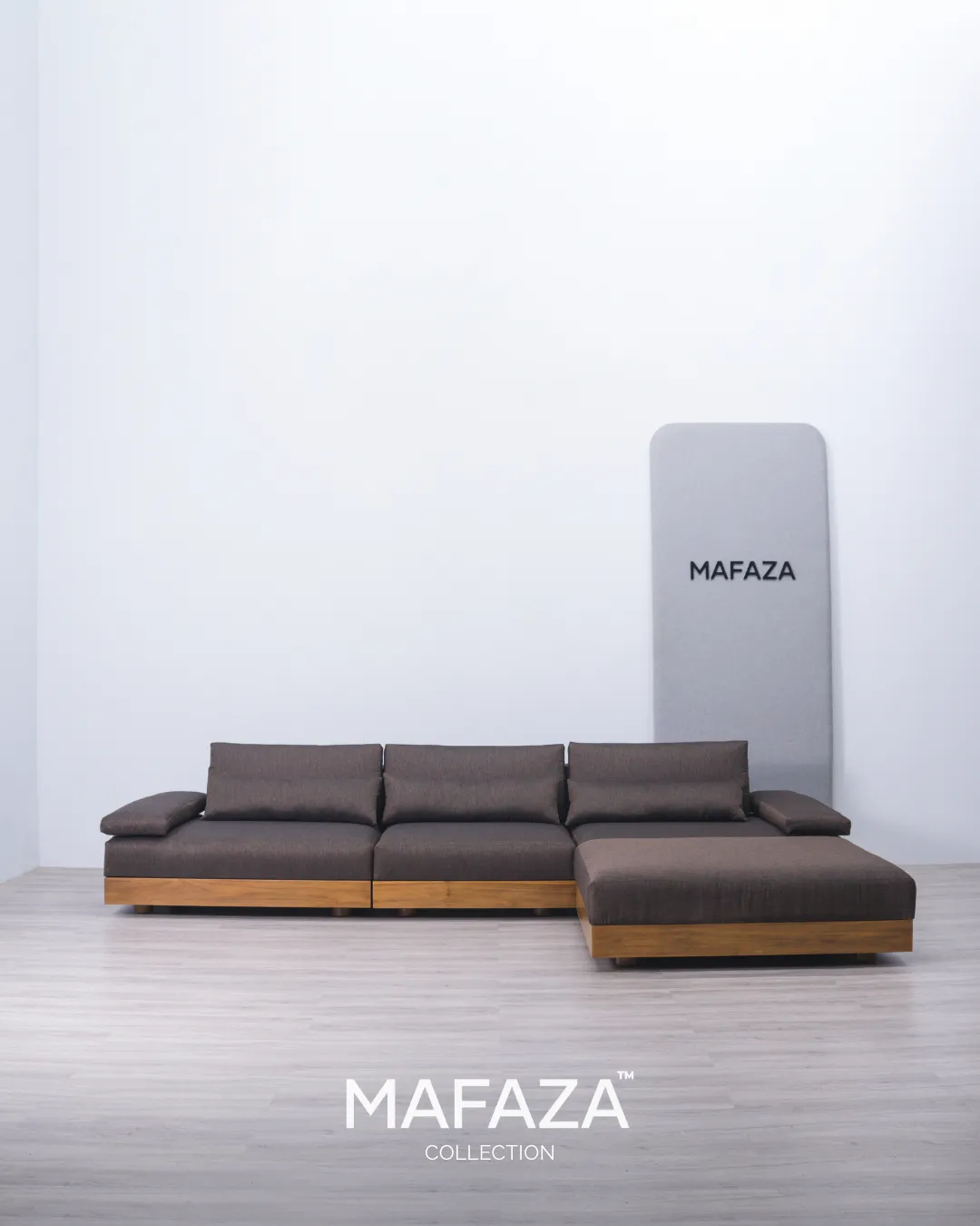 Truro L-Shaped Modular Sofa 337×204 Teak Wood Natural Finish Dark Shades Cushion