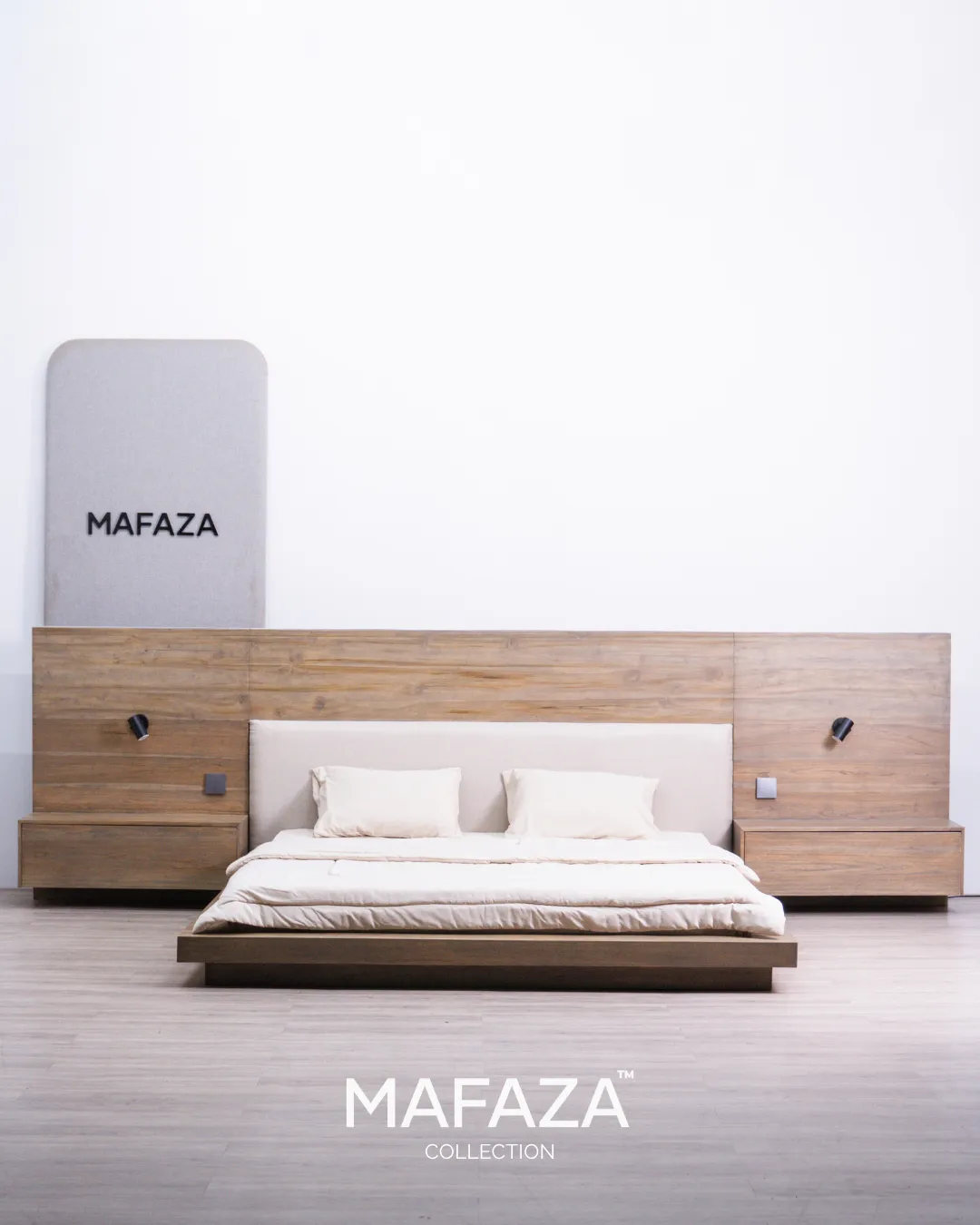 Worth King Size solid teak bed frame with extended wooden headboard, integrated nightstands, built-in ambient lighting, and soft beige upholstered cushion