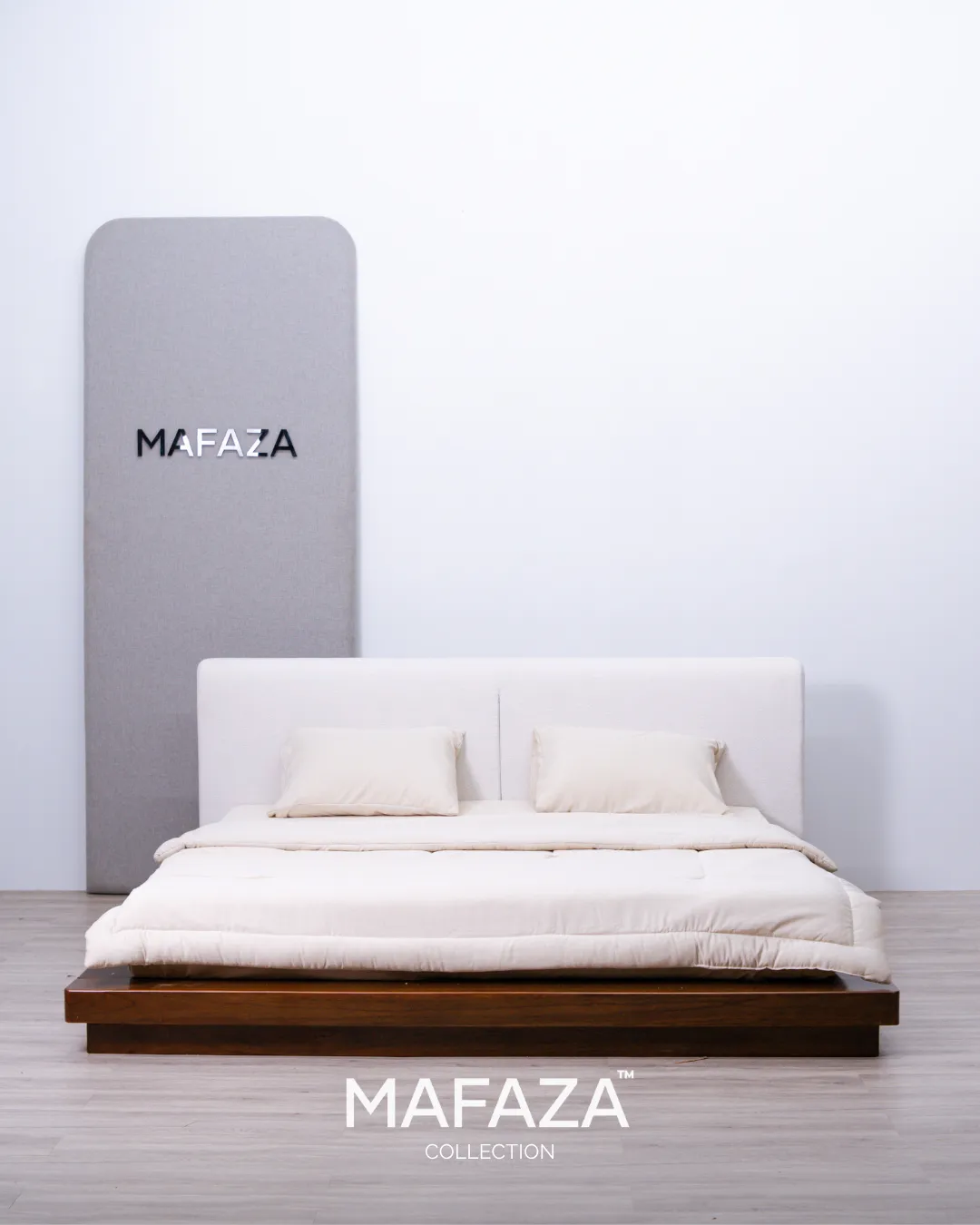 Worth Bed Frame without Nightstands Japandi Platform King Teak Frame Walnut Brown Finish Butter Cream Headboard