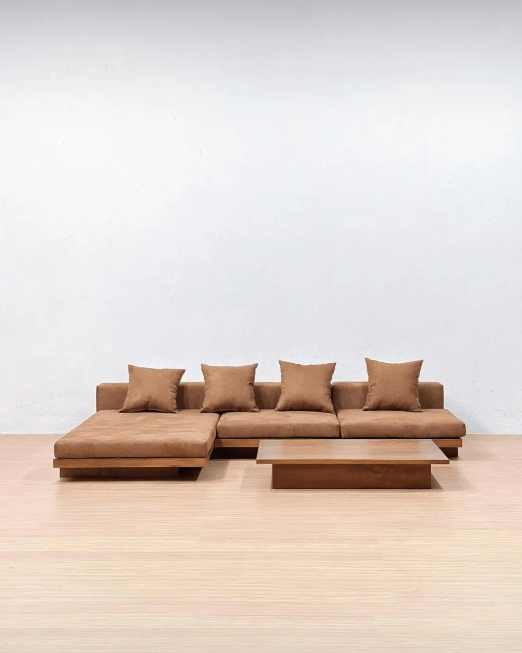 Camillo L-shaped teak wood sofa with integrated back shelf