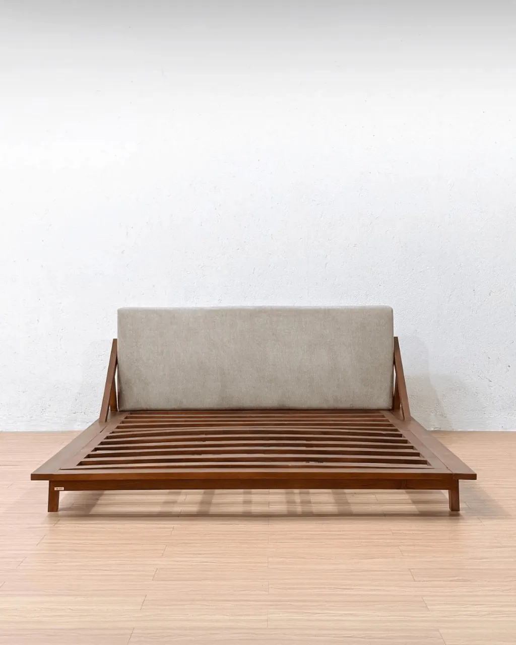 Drommen teak wood bed frame with upholstered headboard size 180x200