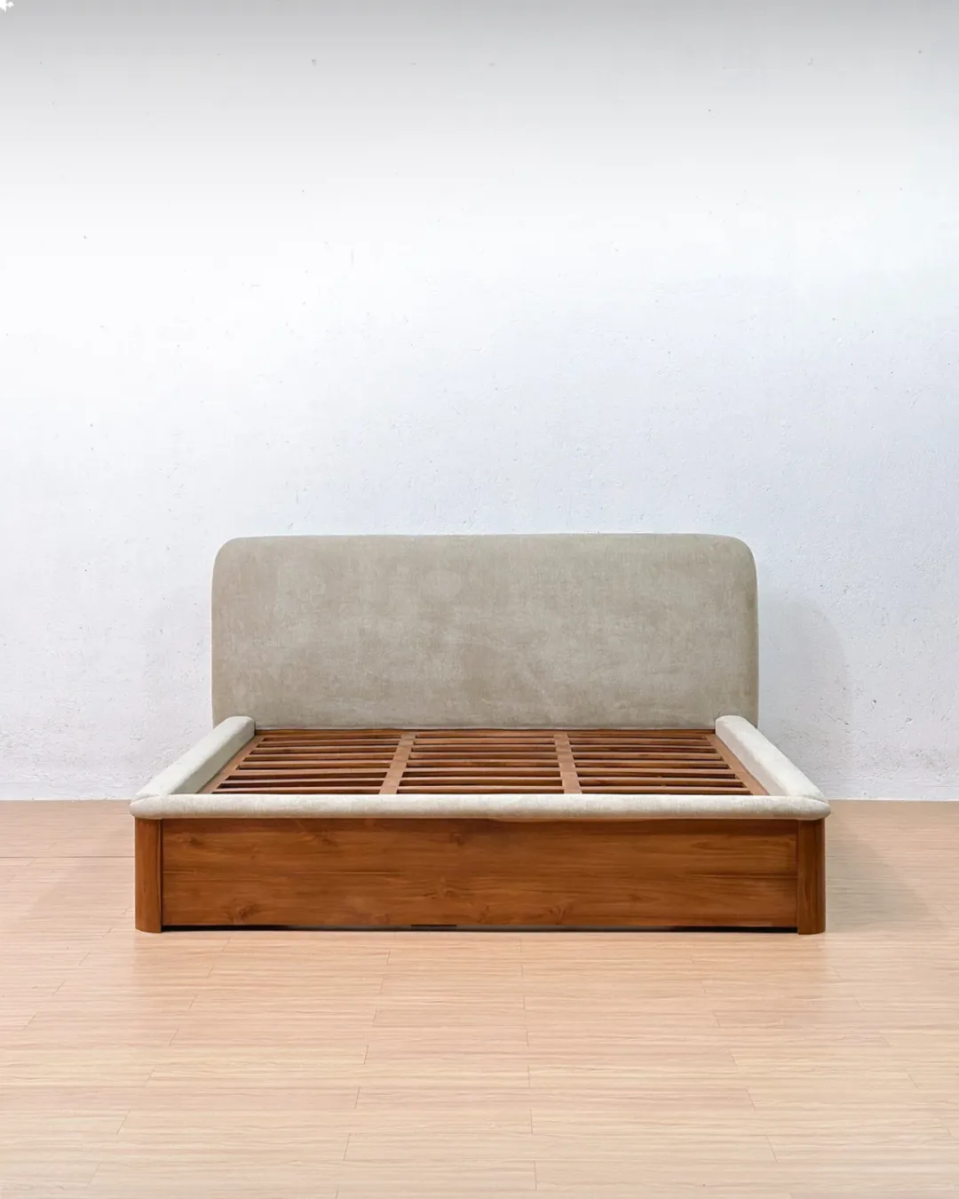 Palermo teak wood bed frame 200x200 with upholstered headboard and storage drawers