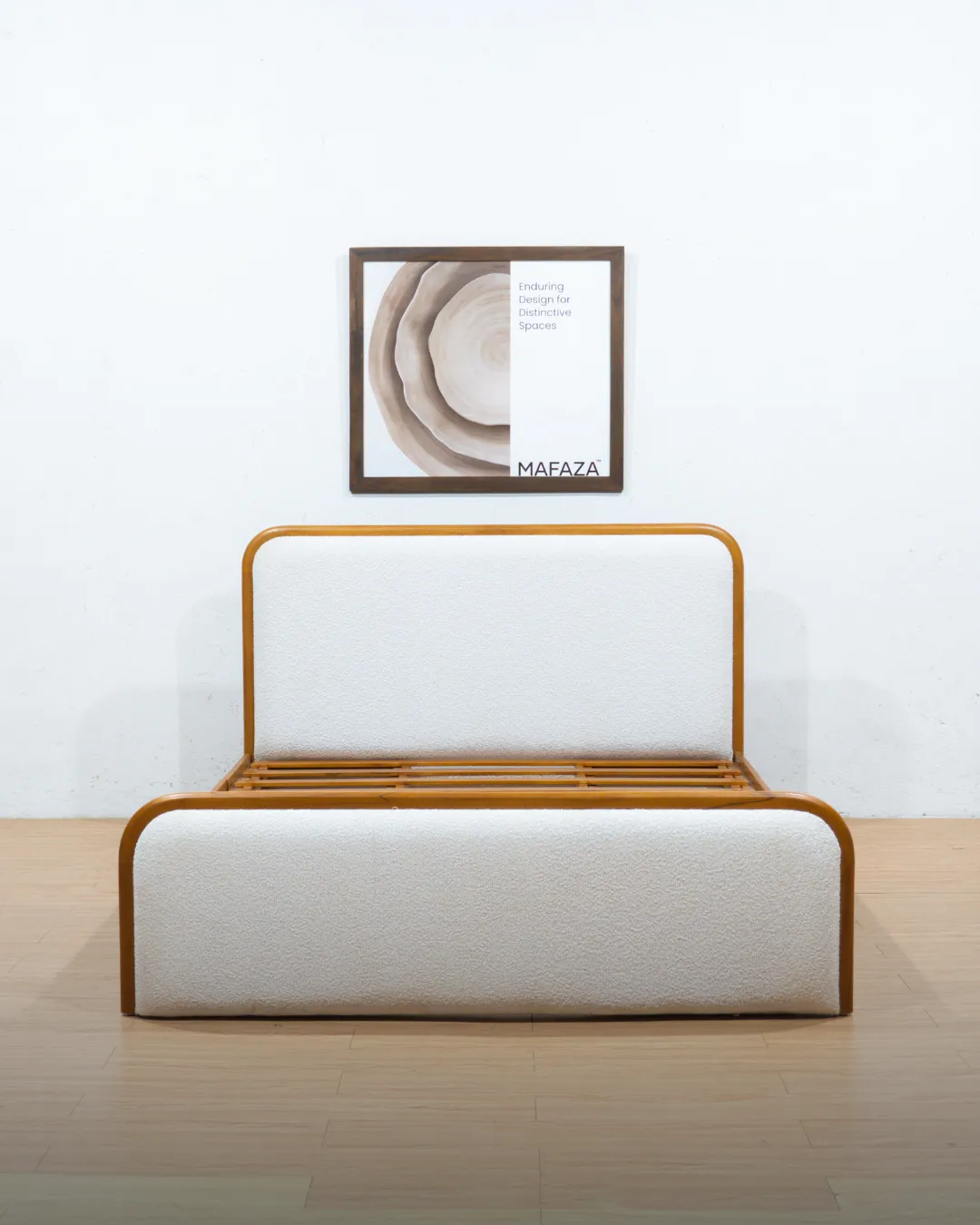 Selm Storage Bed Frame (160x200) in certified teak wood with a natural finish, featuring rounded upholstered headboard and footboard in white textured fabric, and four pull-out storage drawers visible on both sides.