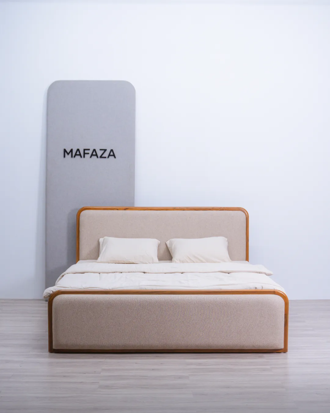 Modern Selm Storage Bed Frame for 180x200 mattress, crafted from natural solid teak wood featuring a tall upholstered headboard in Millie Rodeo fabric and built-in under-bed storage drawers.