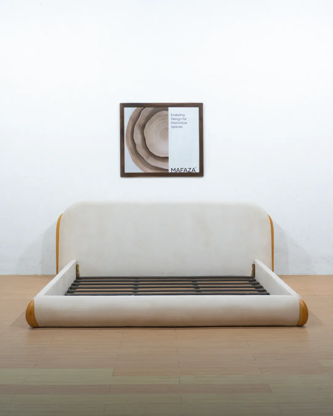 Grand Vess Bed Frame 200x200 made from certified teak wood with an aged bleached finish, featuring a tall upholstered headboard in soft linen fabric and Royal Foam padding.