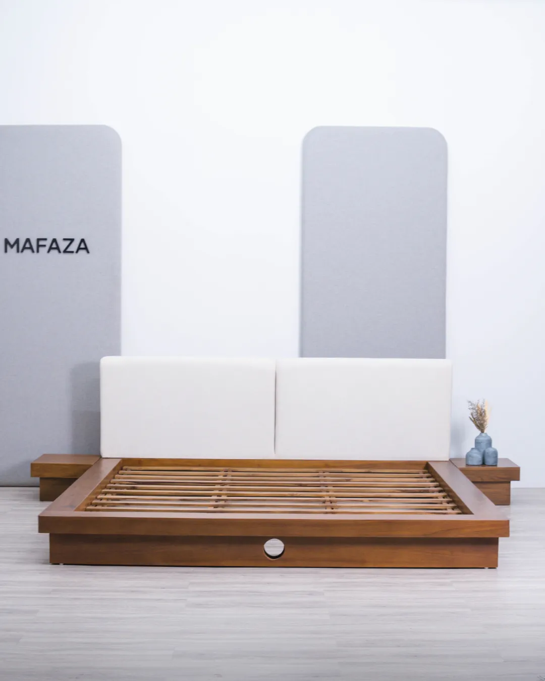 Modern Worth Bed Frame for 200x200 mattress made of walnut brown solid teak wood, featuring an upholstered headboard in Hikaron Domy fabric and matching integrated floating side tables.