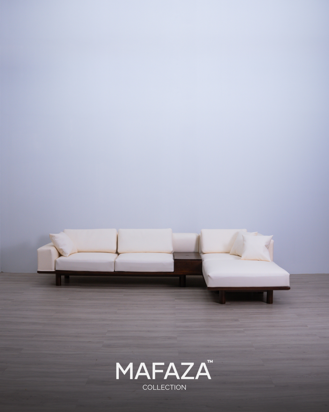 Maxi L-Shaped Teak Wood Sofa with Hidden Storage & Integrated Table