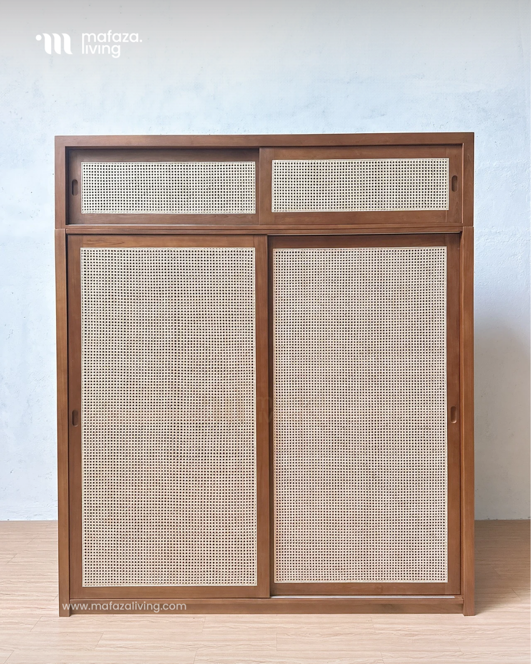 Nova Teak Wood Wardrobe with Sliding Rattan Doors
