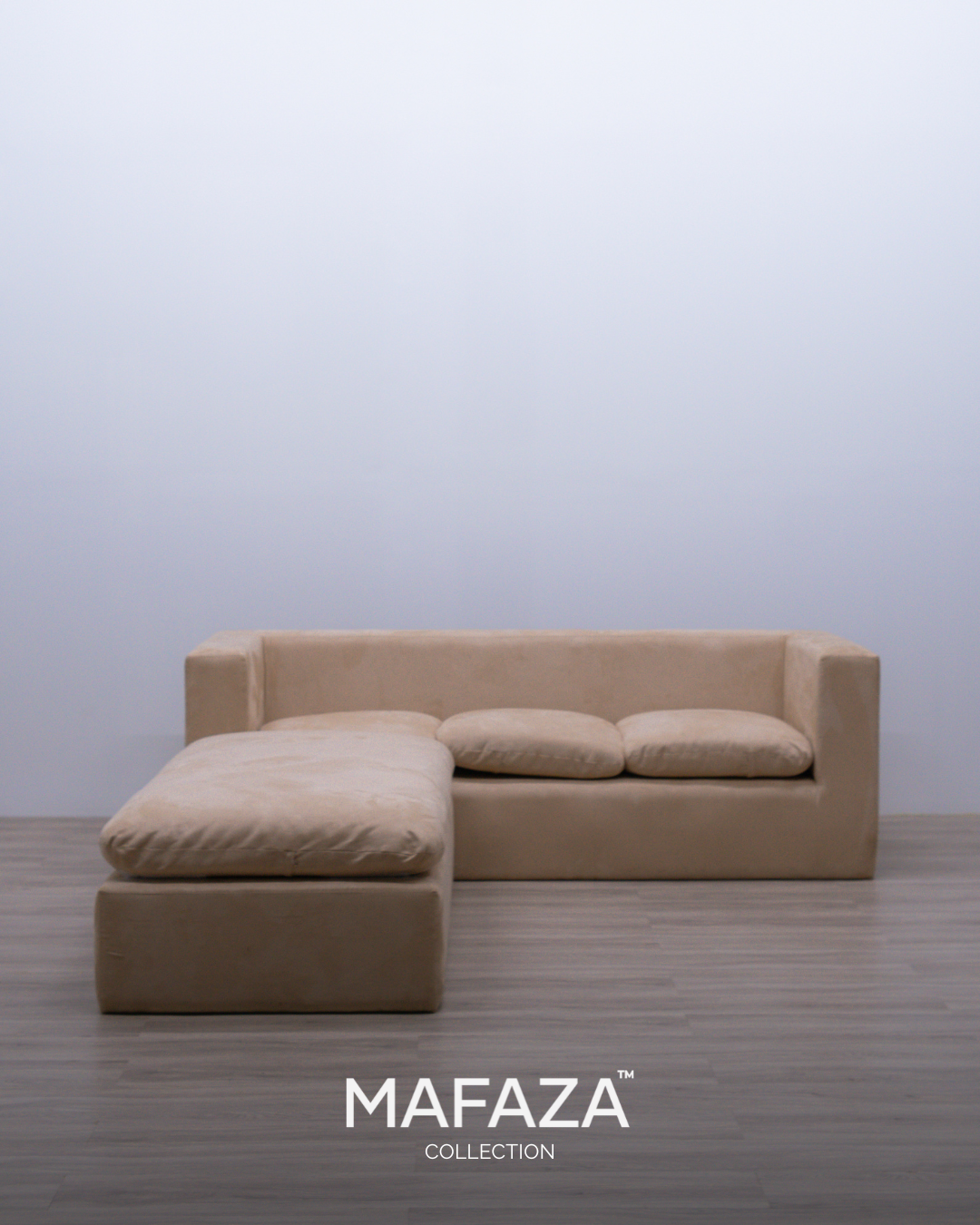 Serena Hug L-Shaped Sofa – Certified Teak Wood & Premium Suede