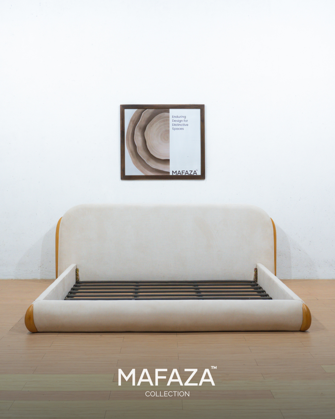 Vess 200x200 Teak Wood Bed Frame with Linen Upholstered Headboard