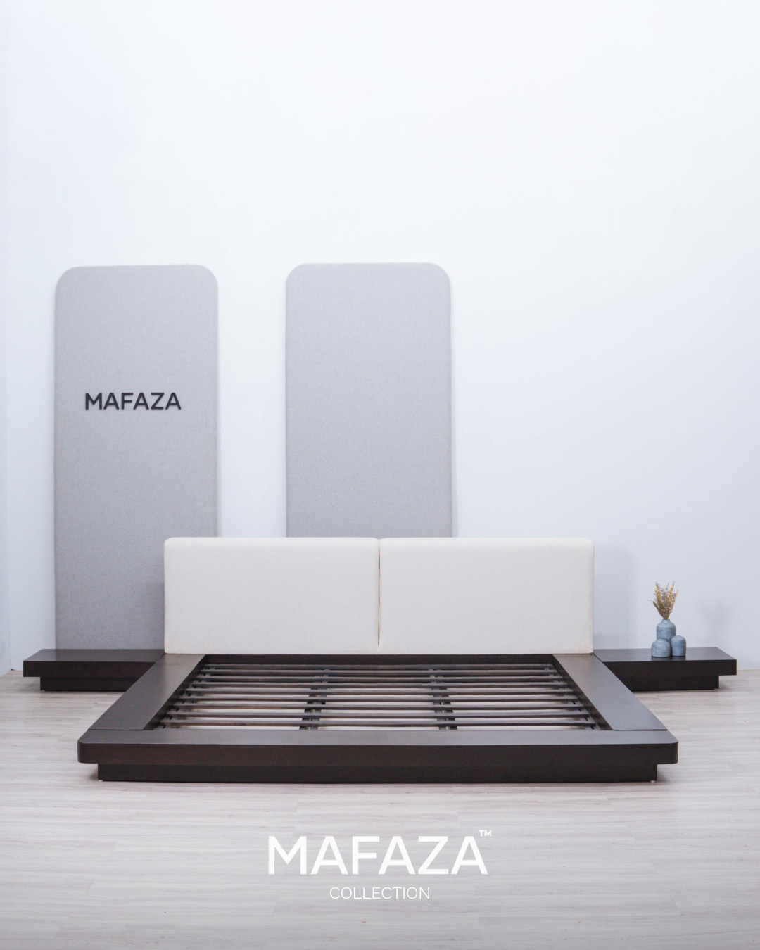 Worth Curved Bed Frame 200x200 – Solid Teak Wood in Dark Chestnut & Hikaron Fabric