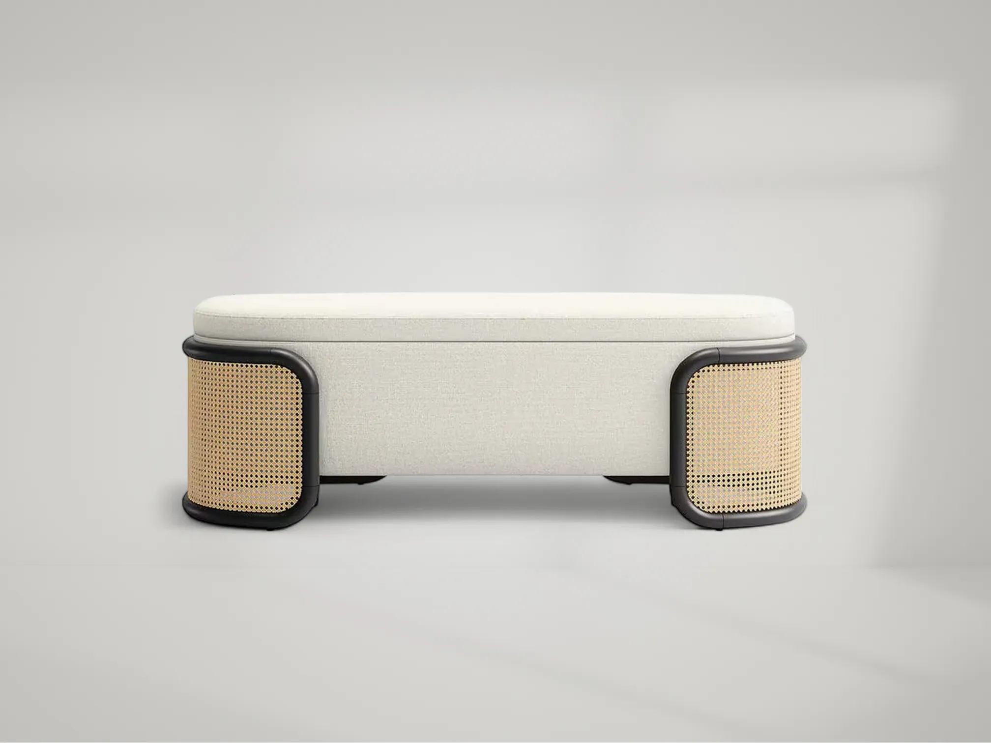 Anaise cane and teak storage bench with woven detail and hidden compartment by Mafaza Living