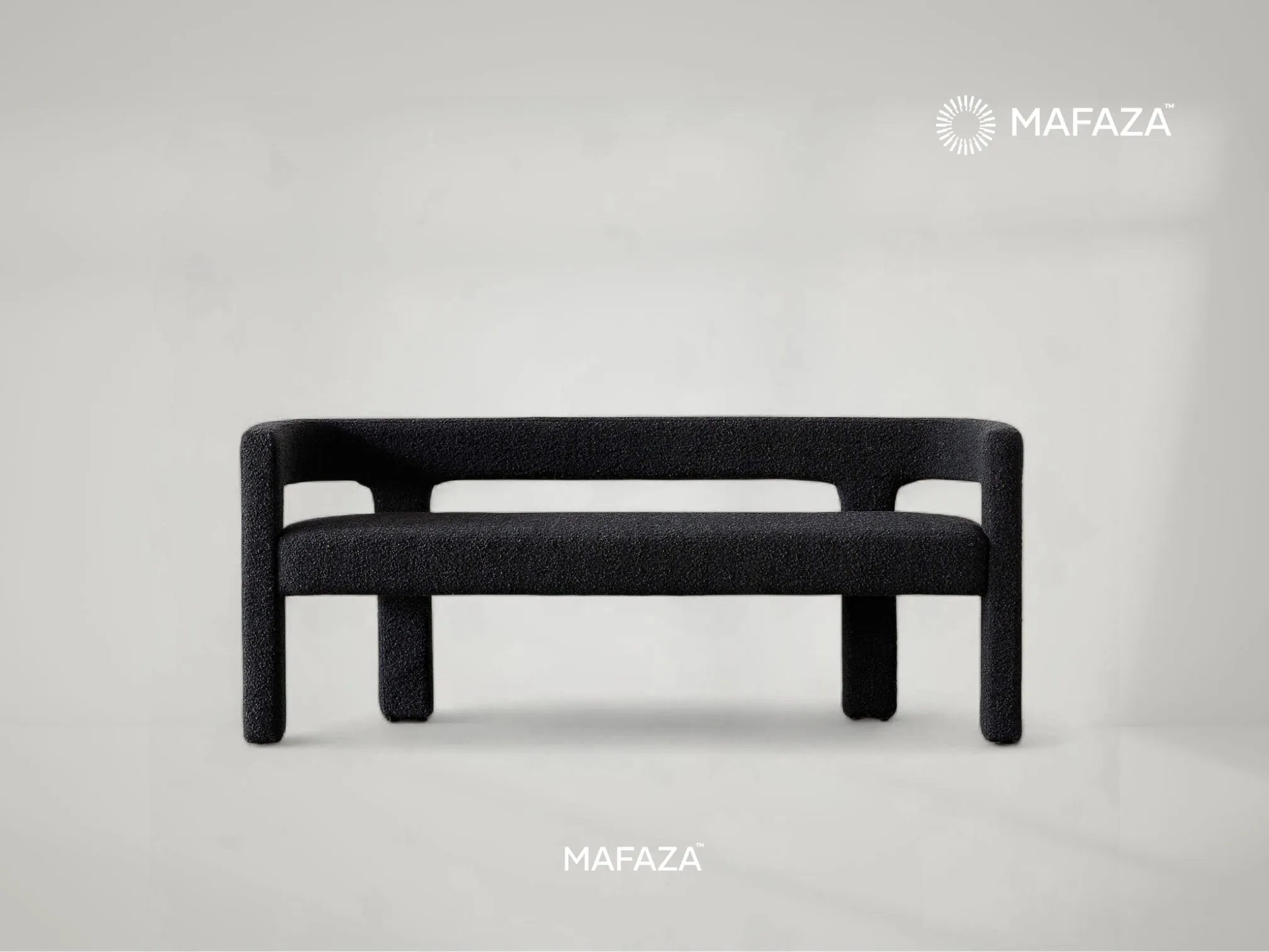 Arture Curved Upholstered Bench in Certified Teak Wood – Modern Minimalist Black Bench by Mafaza Living