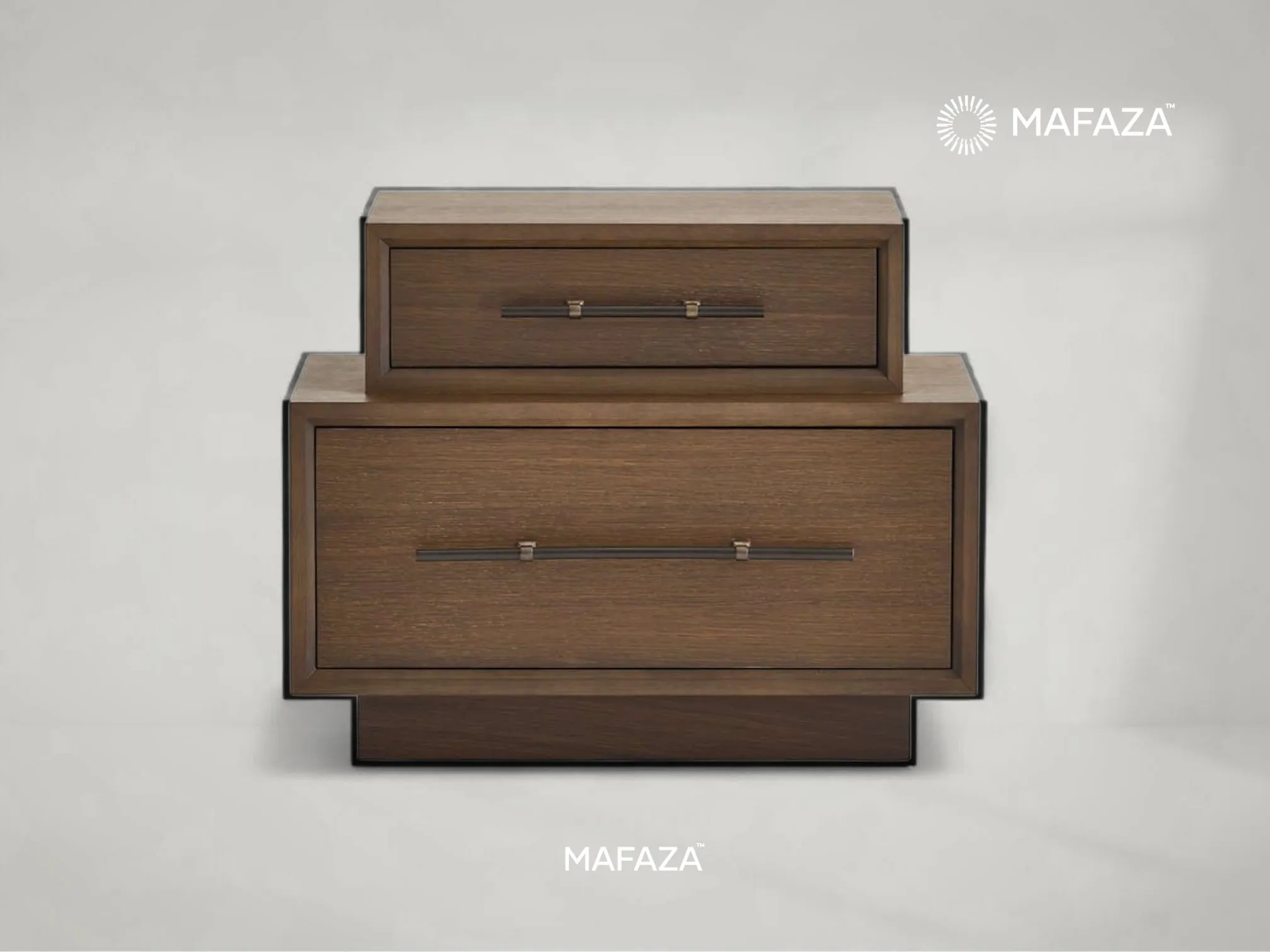Minimalist 2-drawer nightstand crafted from solid Certified Teak Wood with a natural light finish, styled with bedroom decor in a bright contemporary interior.