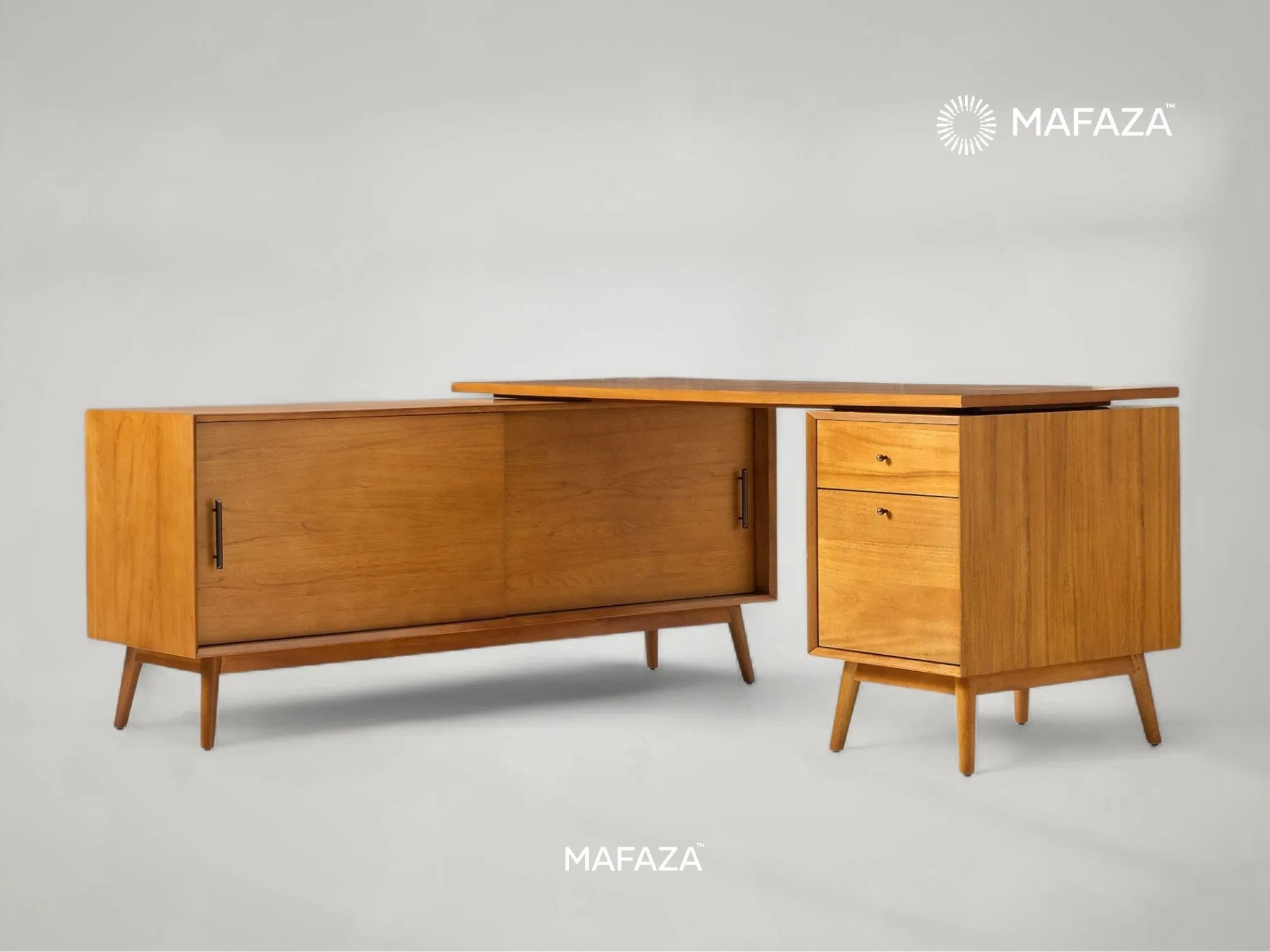 Dallen Modular L-Shaped Desk – Teak Wood Office Desk with File Cabinet and Bookcase by Mafaza Living