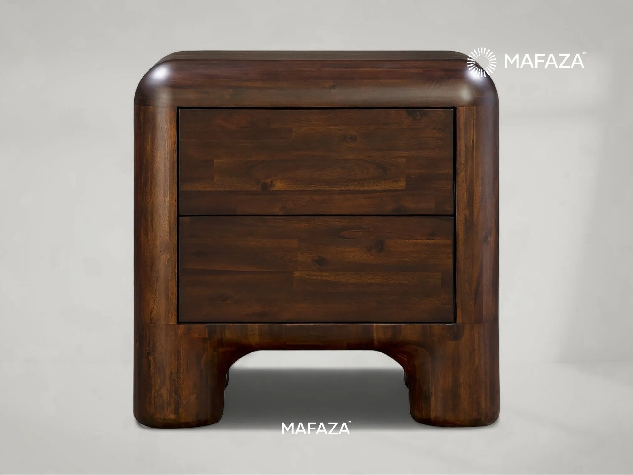 Sleek modern nightstand made of solid Certified Teak Wood, featuring a natural finish and a minimalist shelf design. A sustainable bedside storage solution for contemporary bedroom interiors.