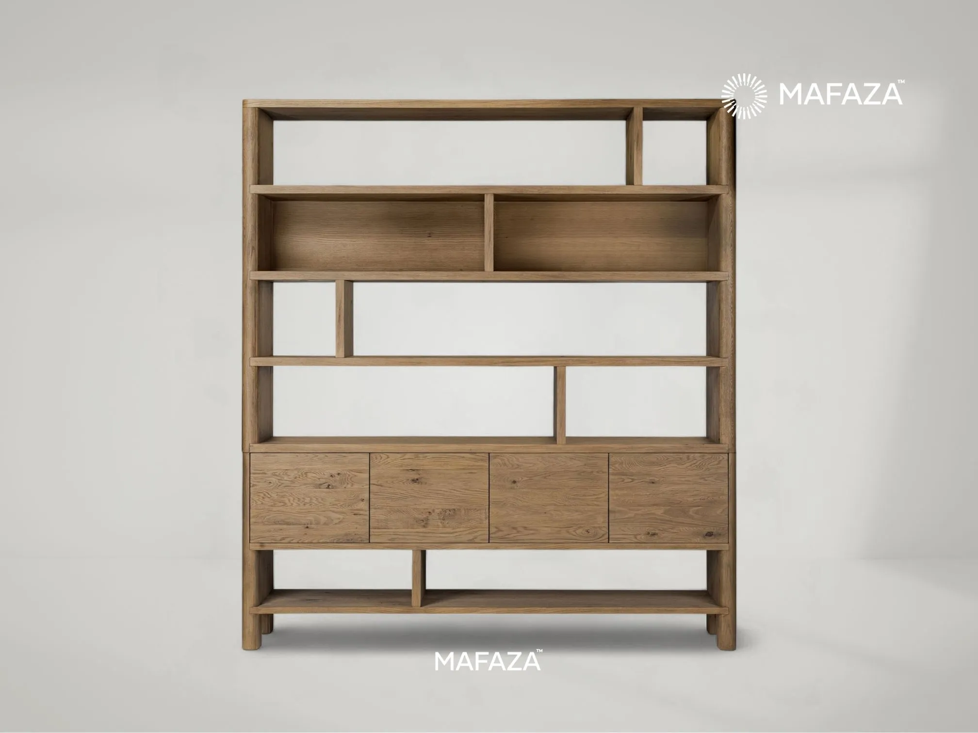 Eliza wide bookcase made of certified teak wood by Mafaza Living