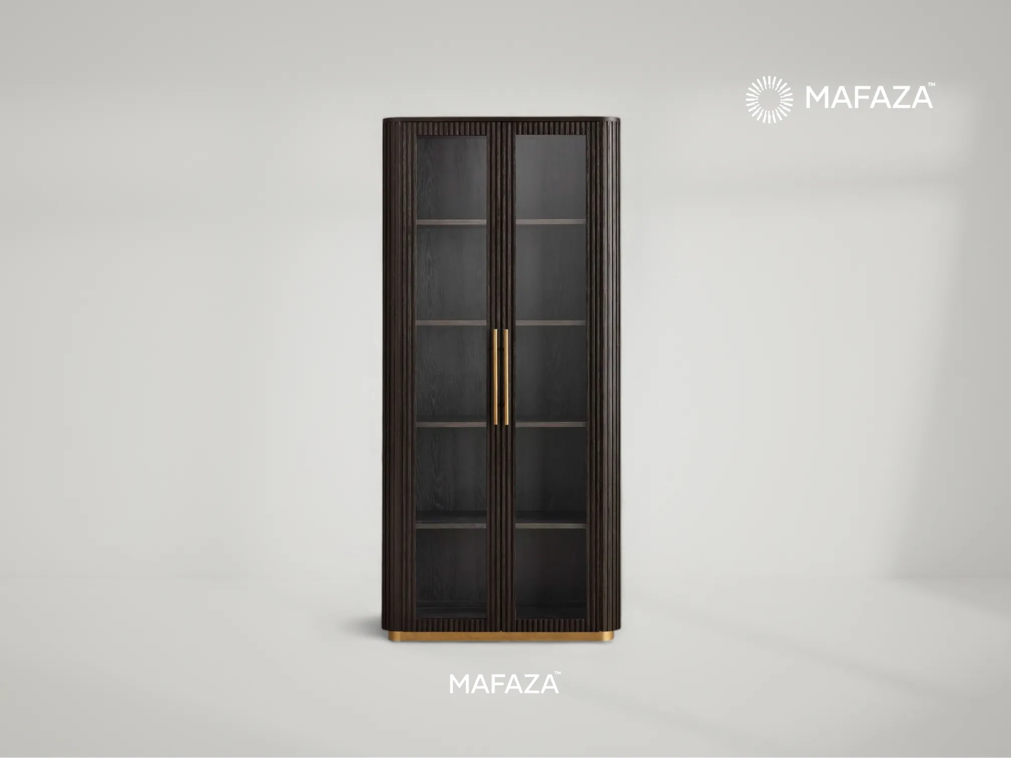 Fenny Glass Cabinet made from certified teak wood, featuring fluted details, two glass doors, and multiple shelves for elegant storage and display in modern interiors