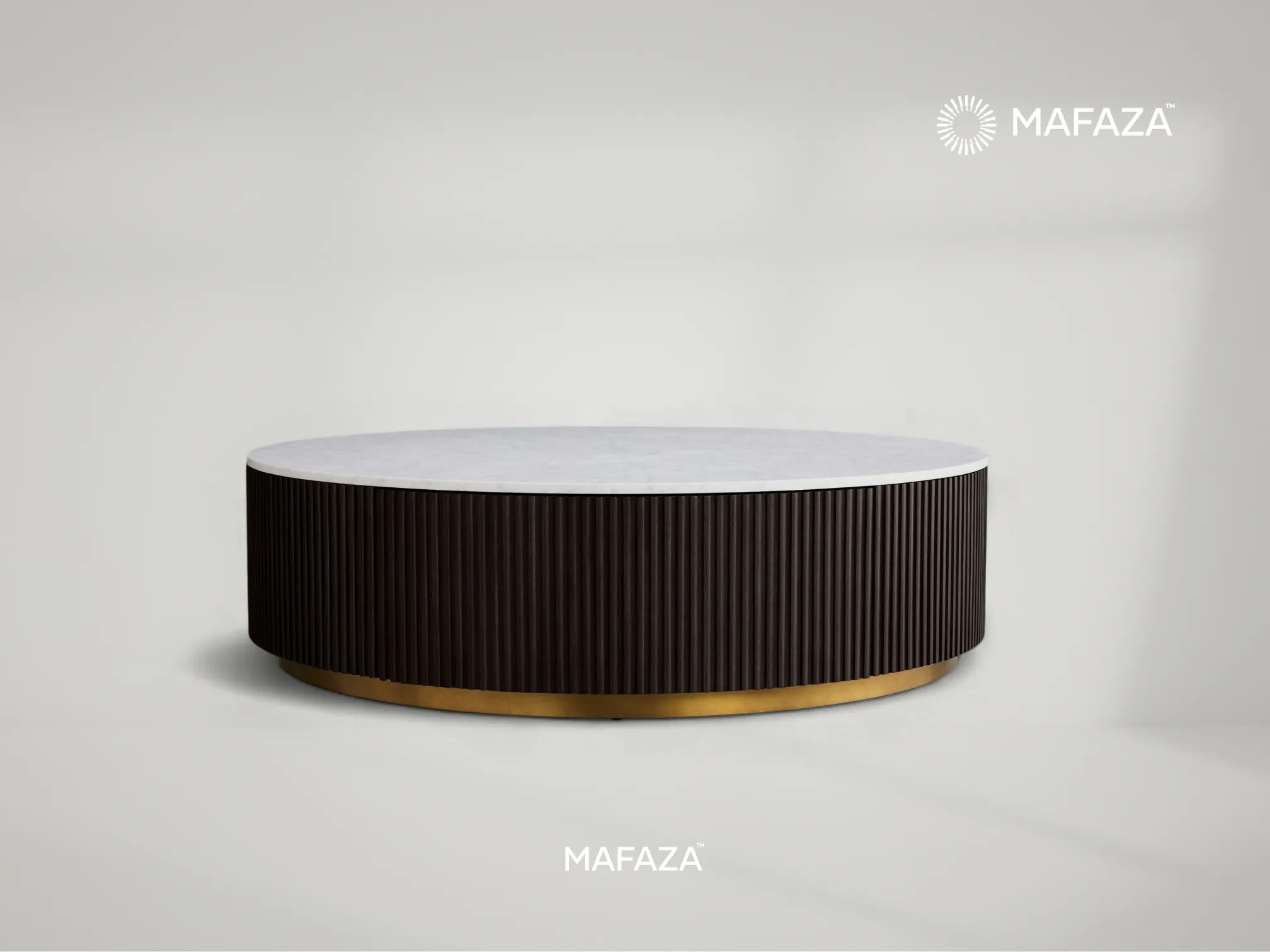 Fenny Round Coffee Table with Carrara marble top, fluted certified teak wood base, and hidden storage drawer in dark finish for a refined modern interior