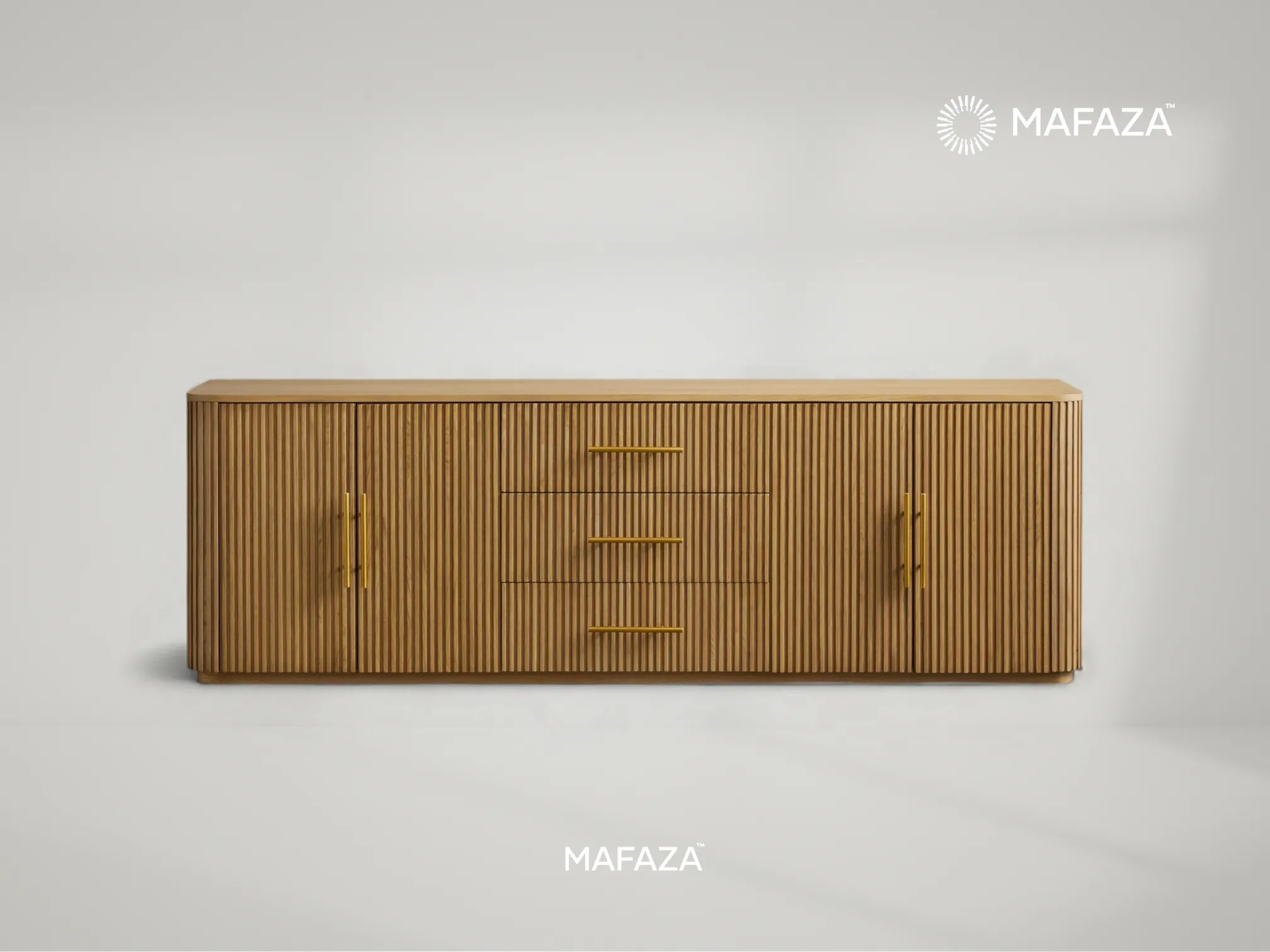 Fenny Sideboard with Drawers made from certified teak wood, featuring fluted textures, four doors, three drawers, and brass handles for elegant storage in modern interiors.