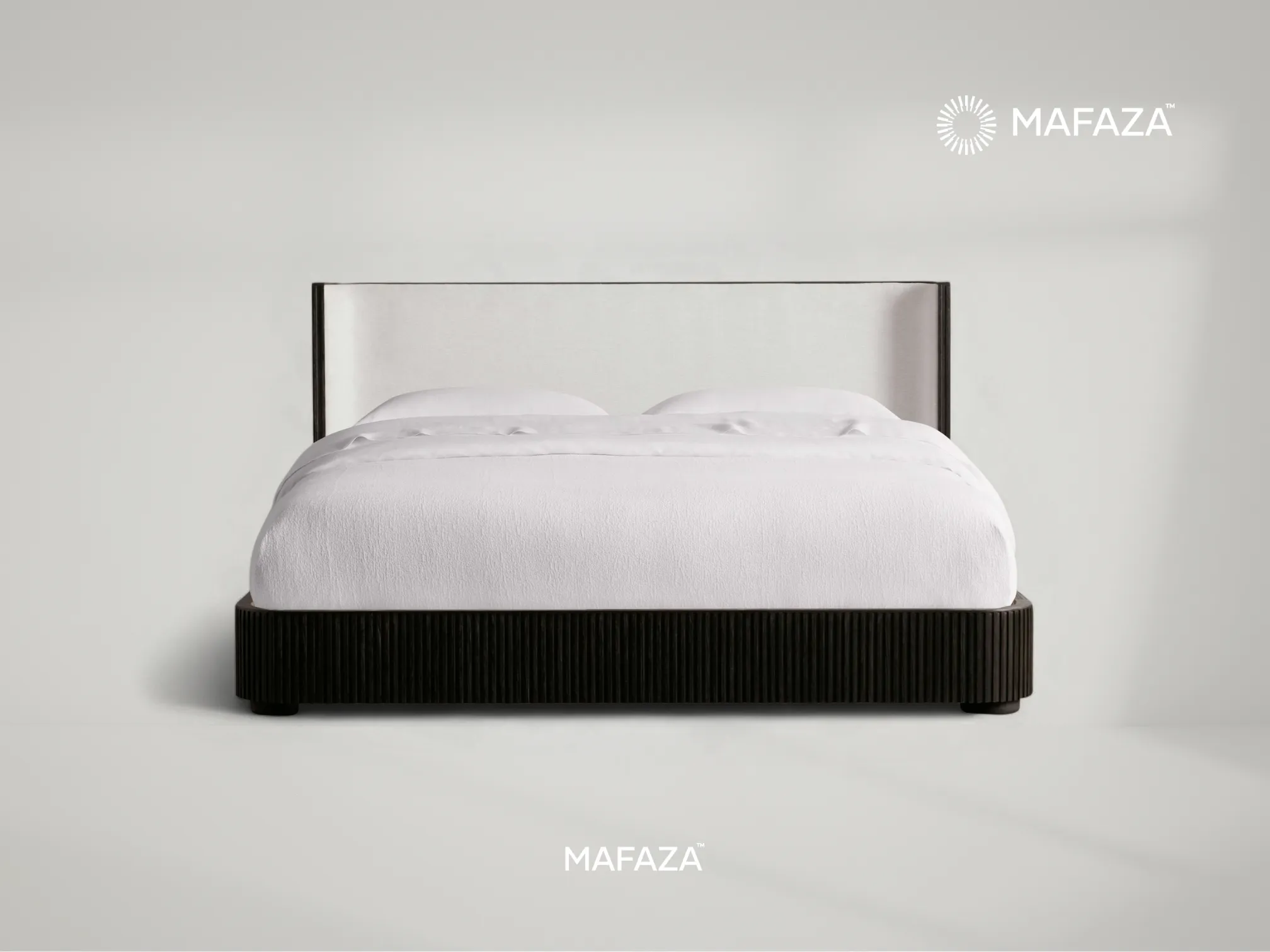 Fenny upholstered teak wood bed frame with cushioned headboard, modern luxury bedroom furniture by Mafaza Living