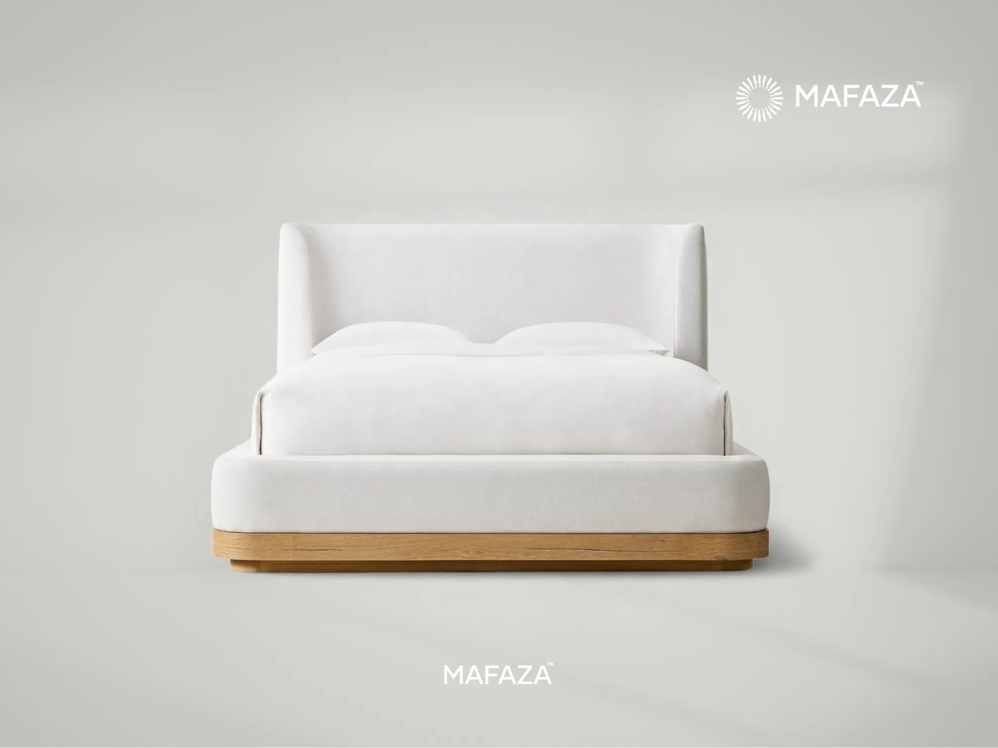 Loso upholstered bed frame with certified teak wood base and winged headboard, modern luxury bedroom furniture by Mafaza Living