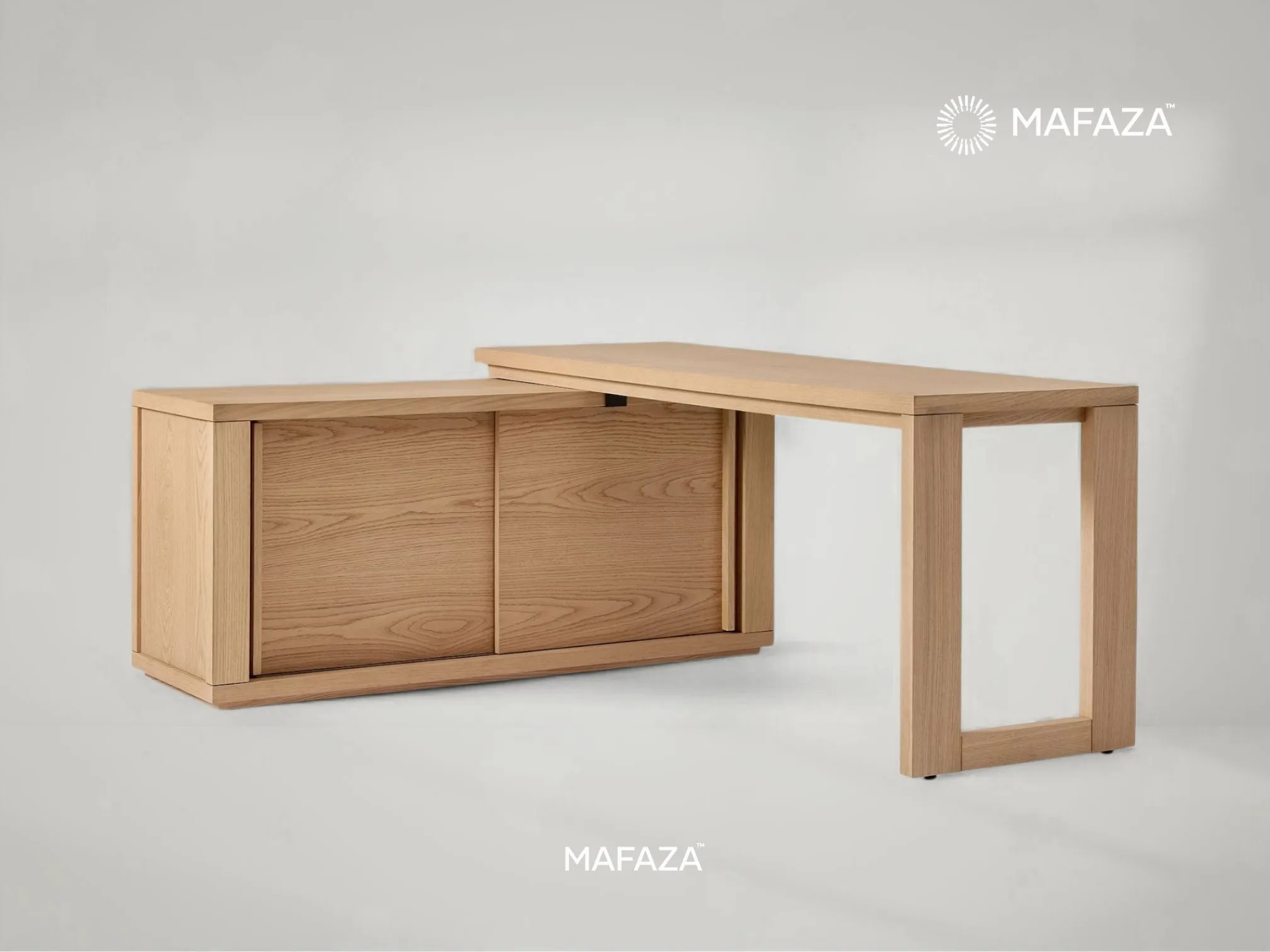 Lutcer L-Shaped Storage Desk – Teak Wood L-Shaped Desk with Sliding Doors by Mafaza Living