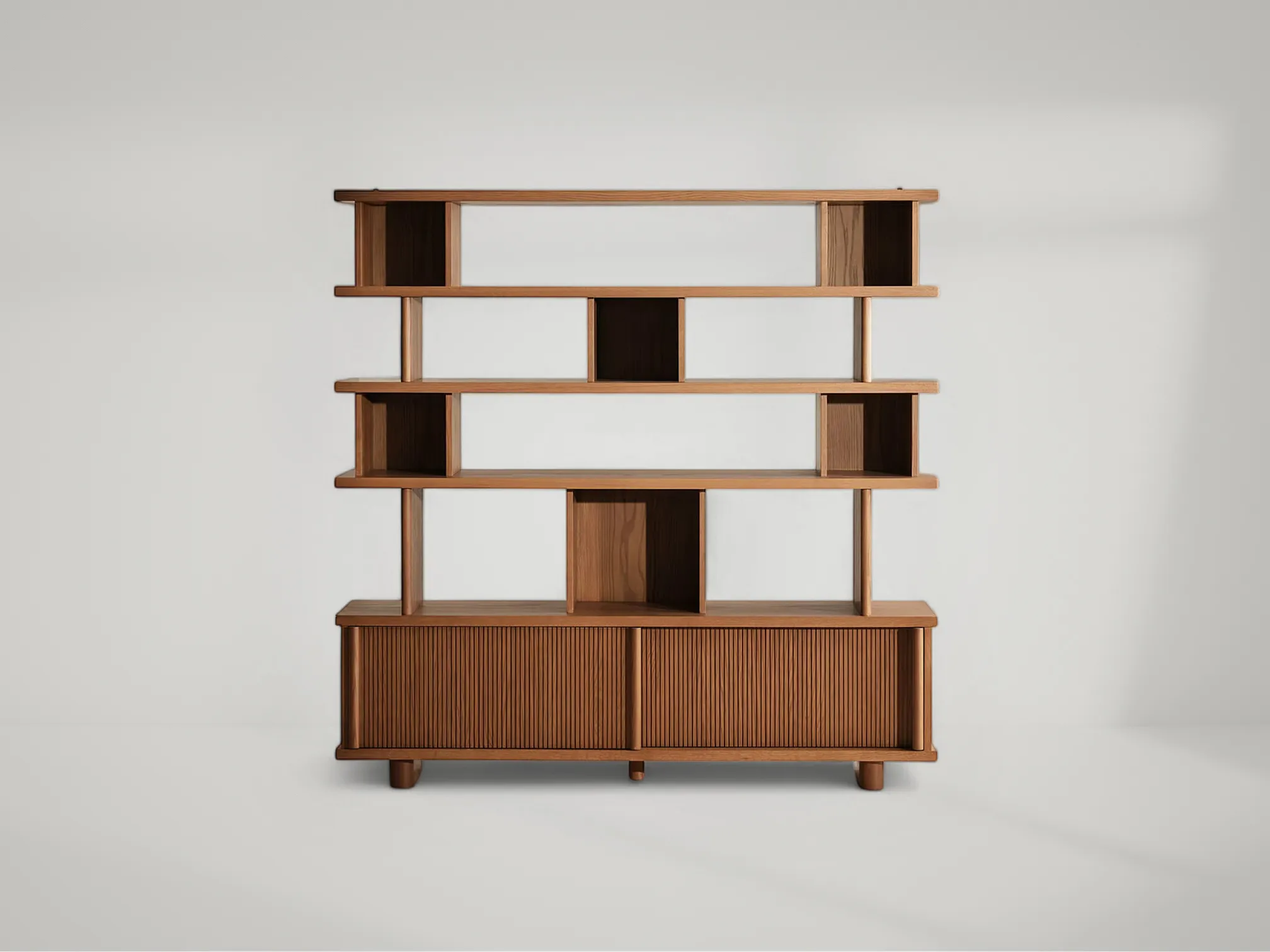 Marin teak wood shelving unit with open-frame structure and refined balance for modern interiors by Mafaza Living