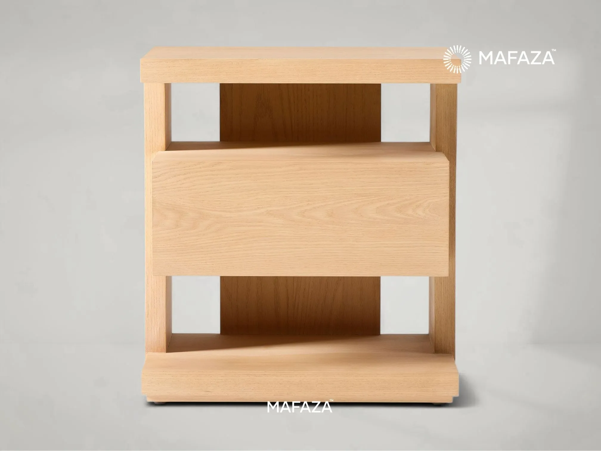 Handcrafted bedside nightstand made of solid Certified Teak Wood with a visible natural grain finish. Features a compact, modern design perfect for sustainable bedroom furniture styling.