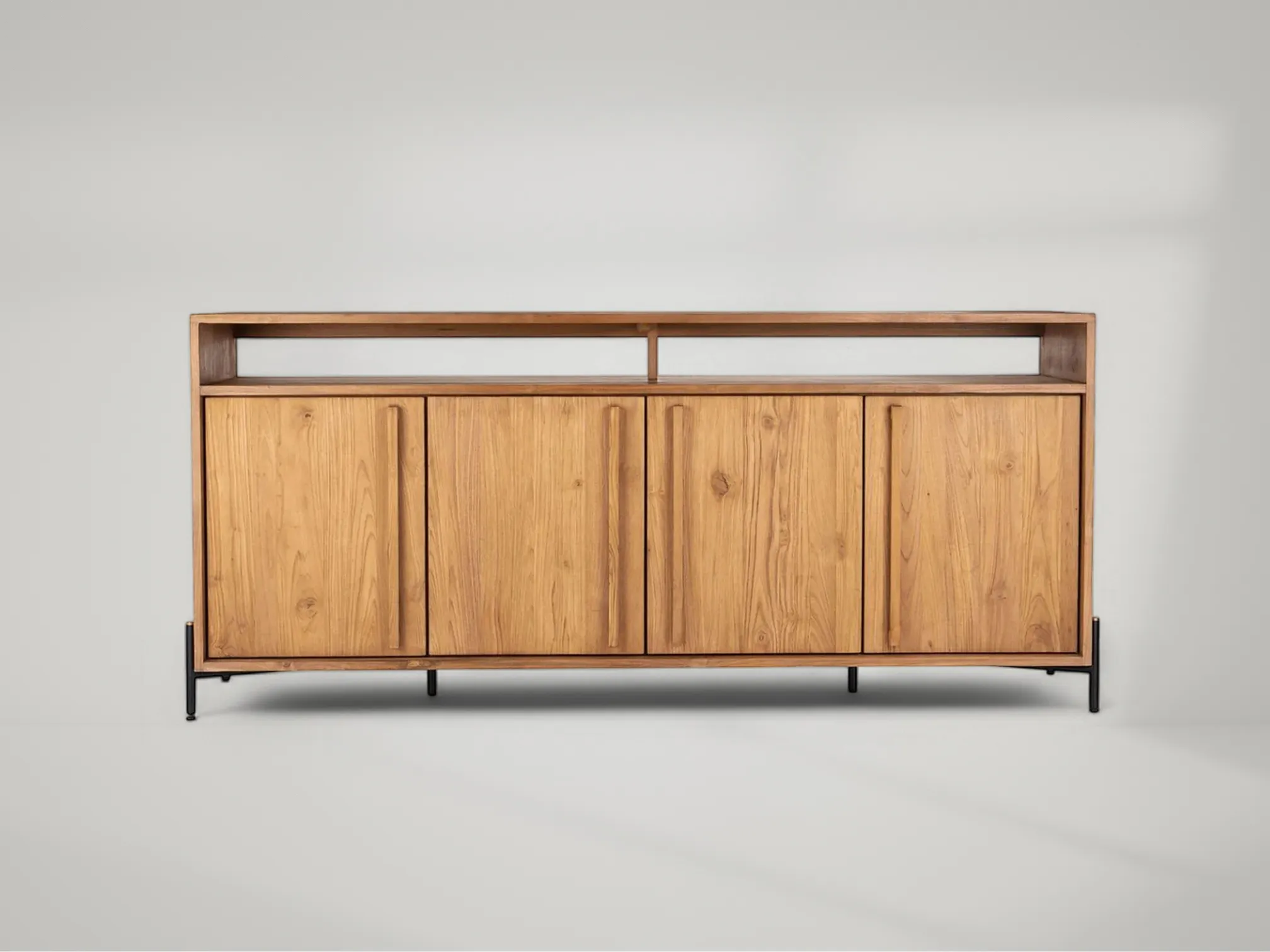Outline Dresser - 4 Doors/1 Open Rack – Four-door teak dresser with open shelving and architectural design by Mafaza Living