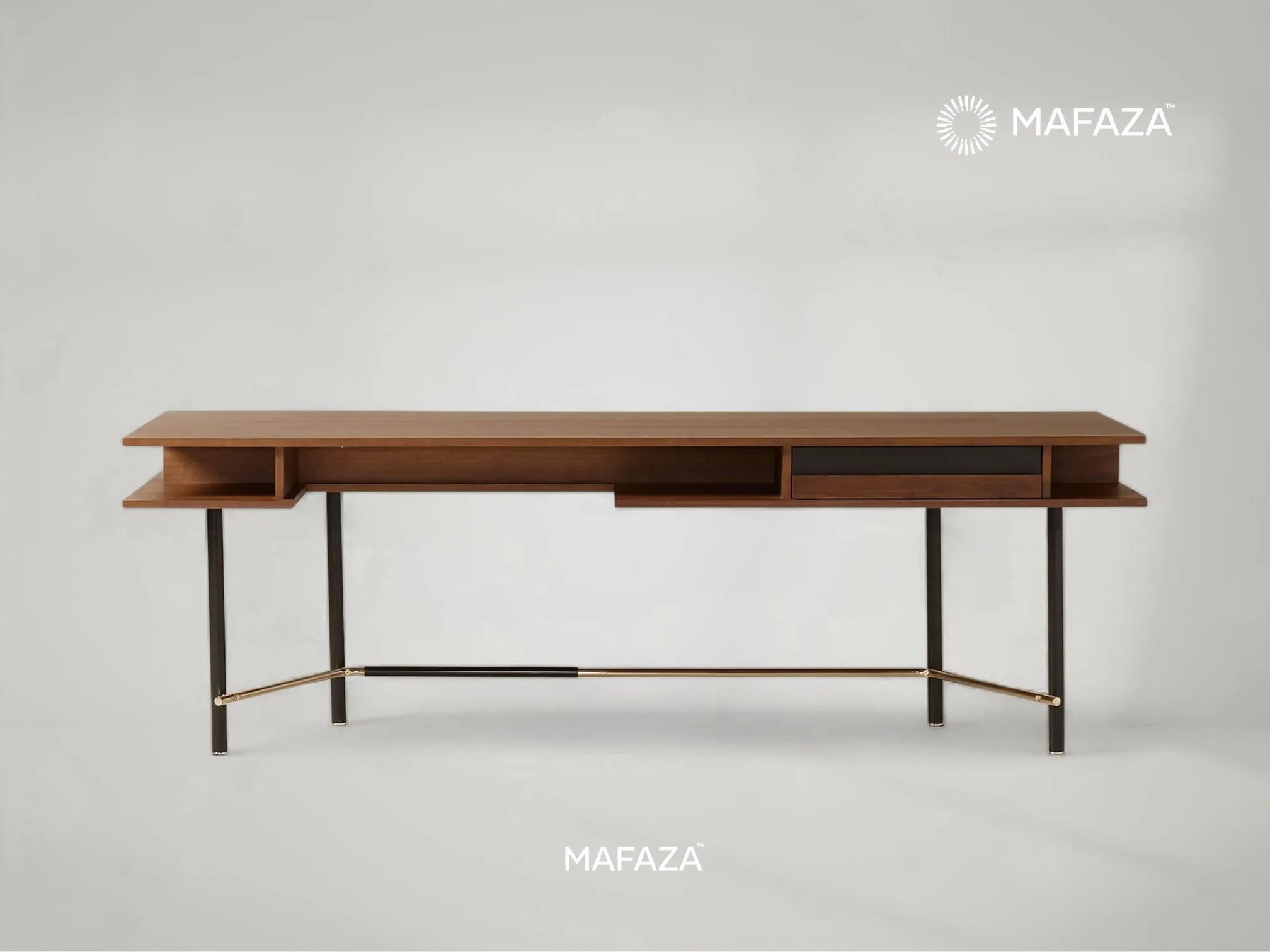 Portofino Desk – Modern Industrial Teak and Metal Desk with Drawer by Mafaza Living