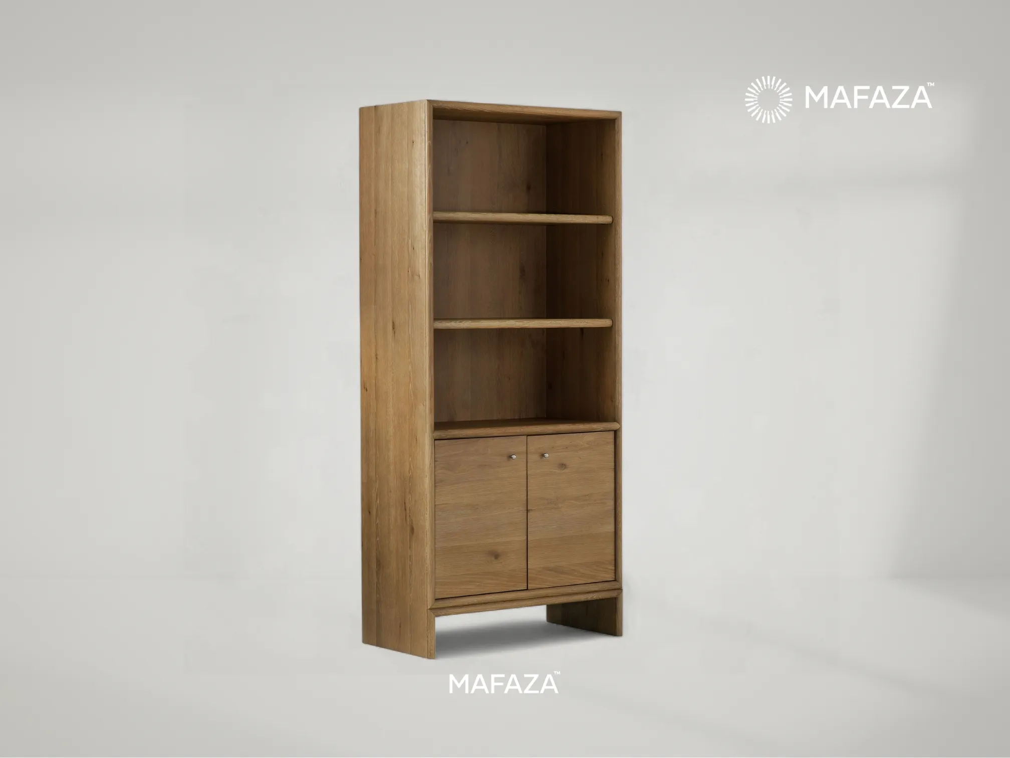 Selm Bookcase made from certified teak wood, featuring three open shelves and a lower cabinet with two doors, combining open display and hidden storage in a minimalist design