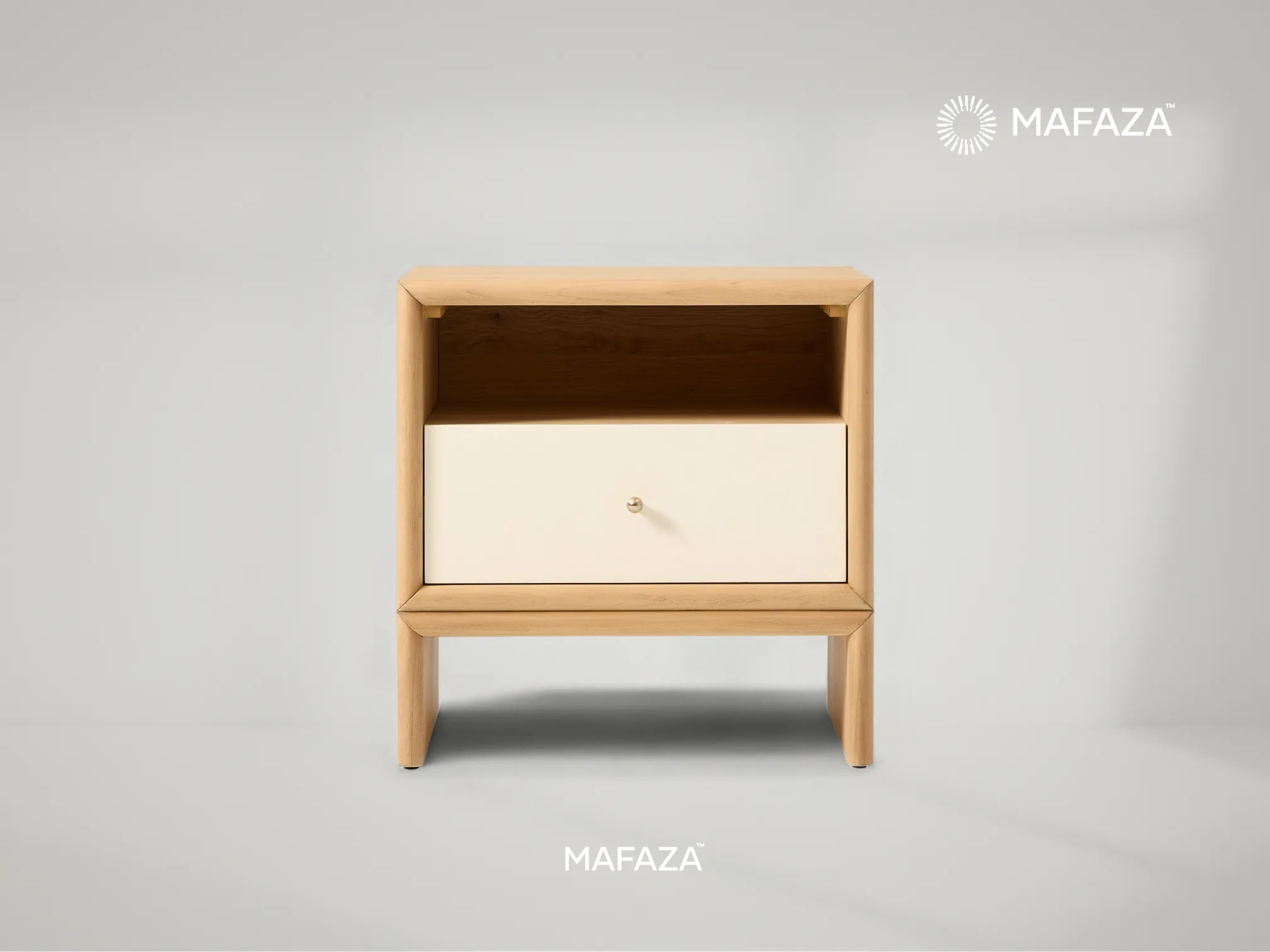 Selm Nightstand made from certified teak wood, featuring one drawer and an open shelf, designed for functional storage and modern bedroom aesthetics
