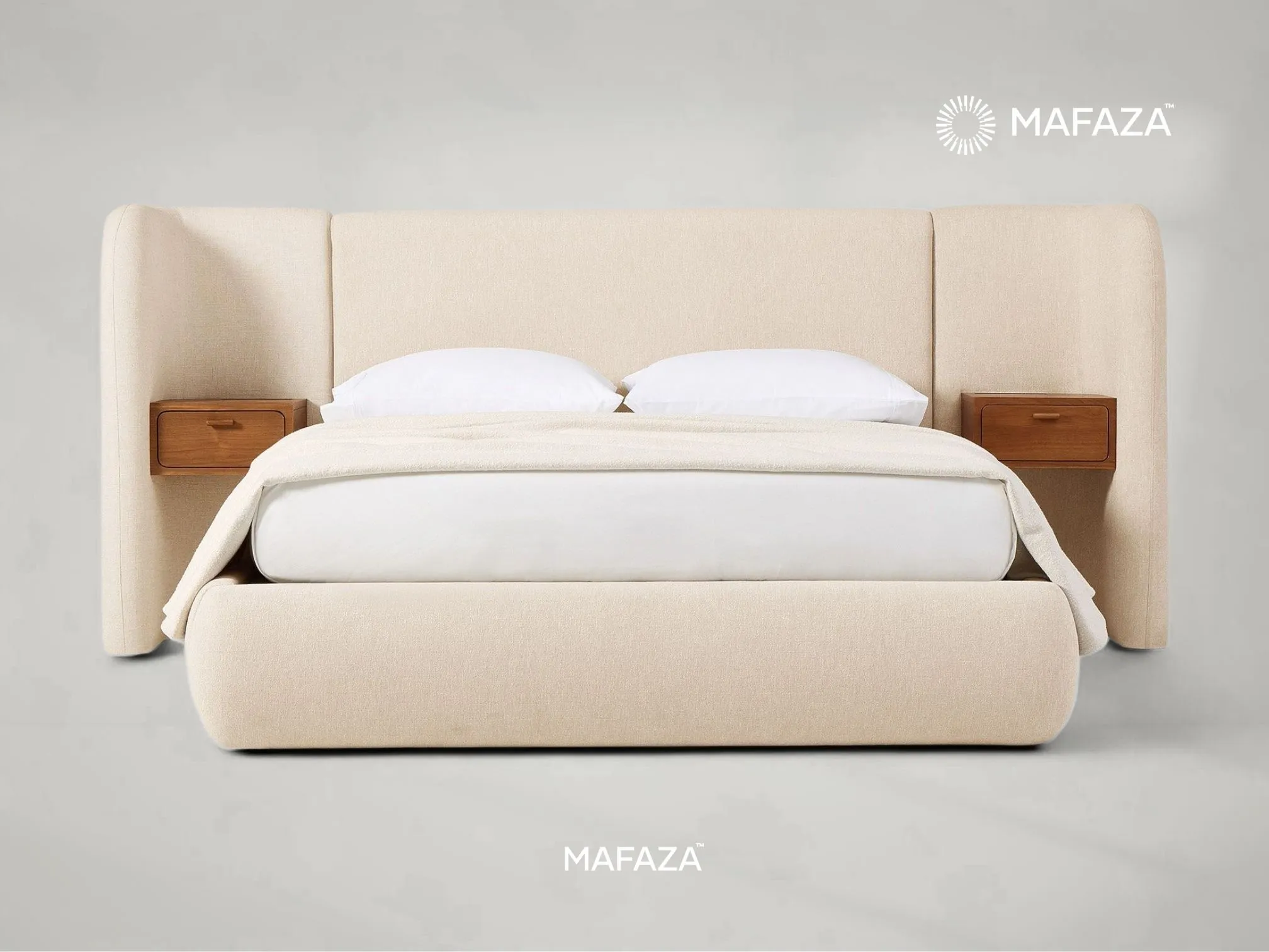 Luxury wingback bed frame crafted from solid Certified Teak Wood featuring two integrated floating nightstands with built-in electronic charging docks in a bright modern bedroom layout.