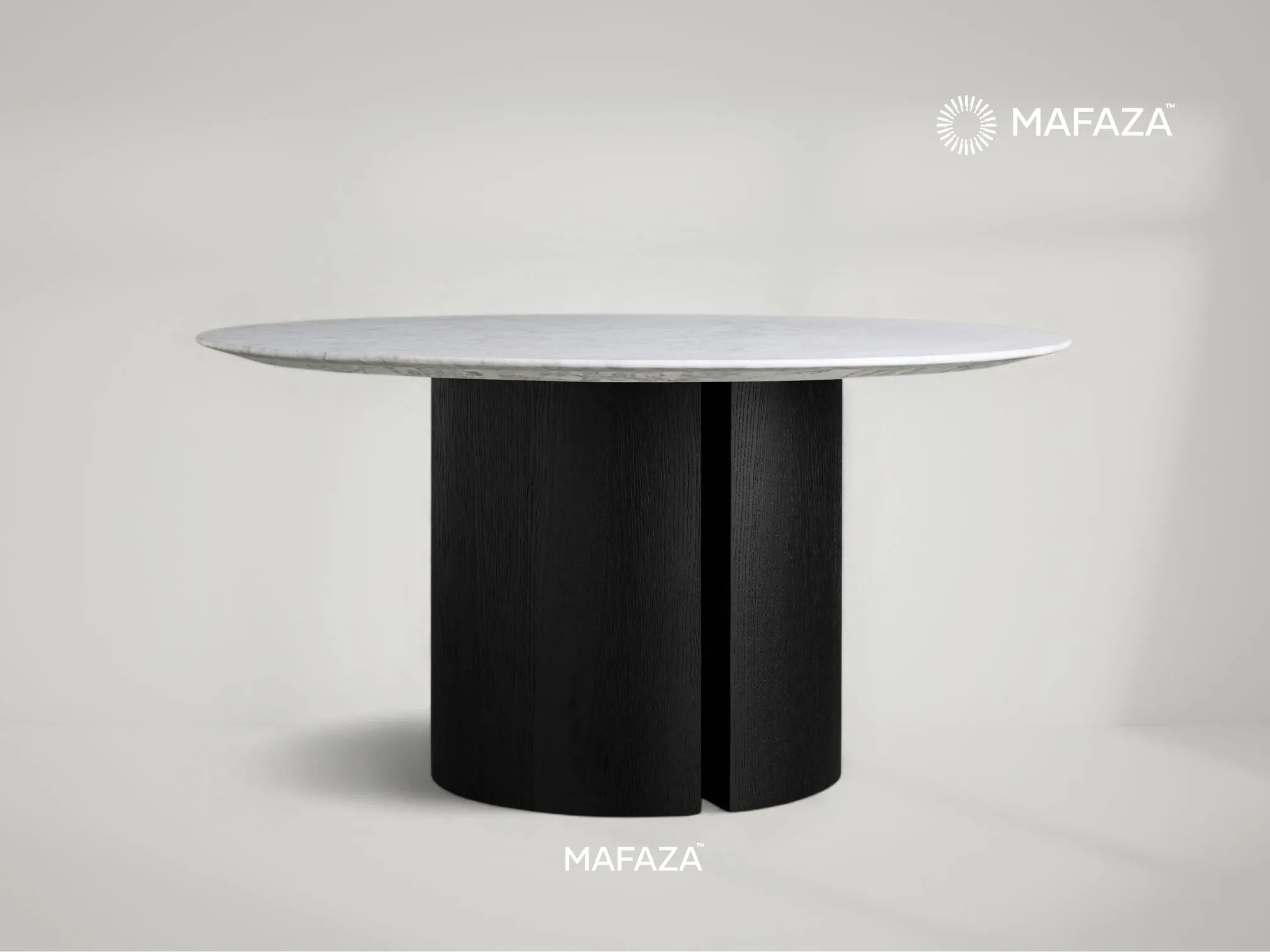 Luxury round dining table with a polished white Carrara Marble top and a sculptural solid Certified Teak Wood base. Features natural stone veining and artisan wood grain, ideal for modern upscale interiors.