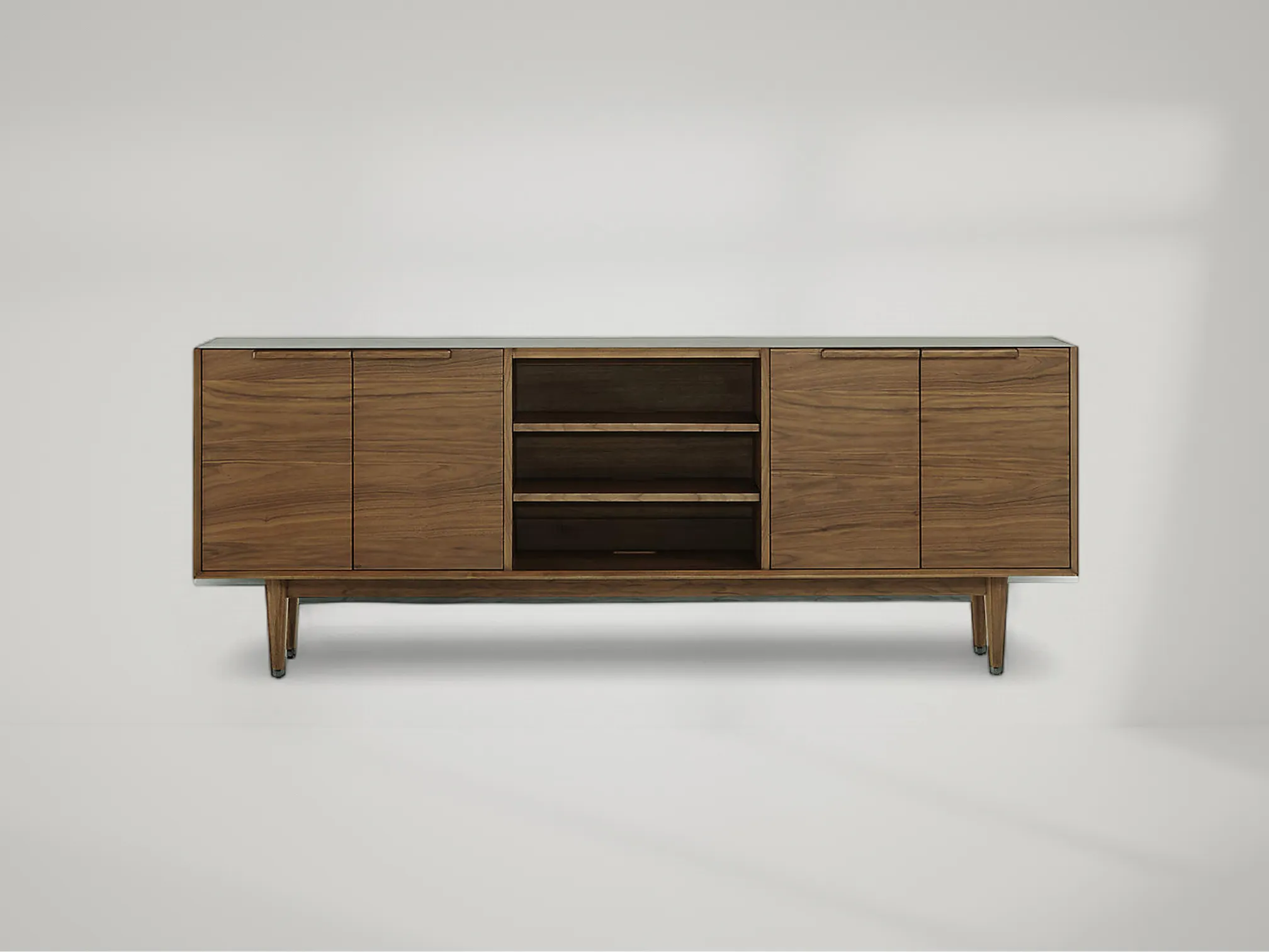 Tate Storage Media Console – Functional teak media console with drawers and open shelves by Mafaza Living