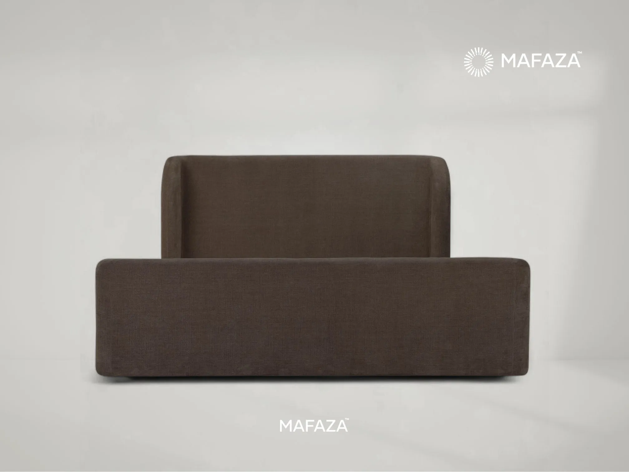 Dark brown upholstered storage bed frame with a high, winged headboard. Four large wooden storage drawers are shown pulled out from the side and foot of the frame. Made with Certified Teak Wood