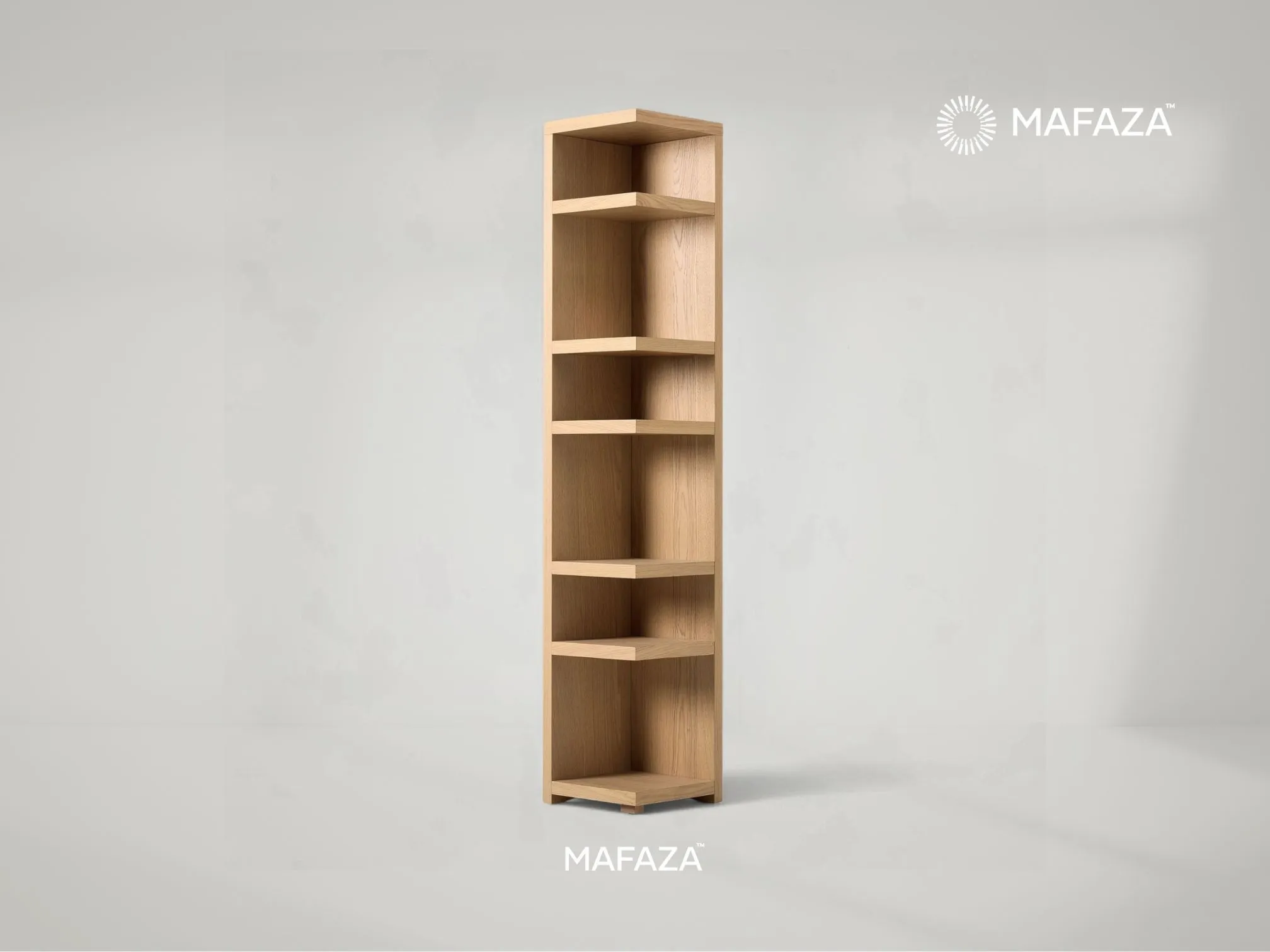 Wallace corner shelf unit crafted from certified teak wood by Mafaza Living