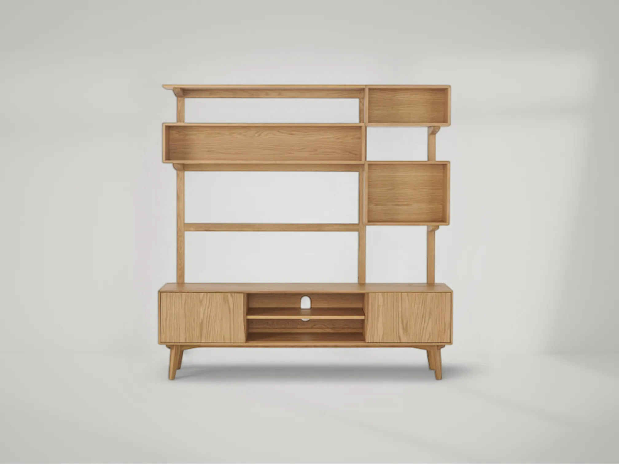Wingrove Wide Media Shelving Unit – Wide teak shelving unit designed for modern media storage by Mafaza Living